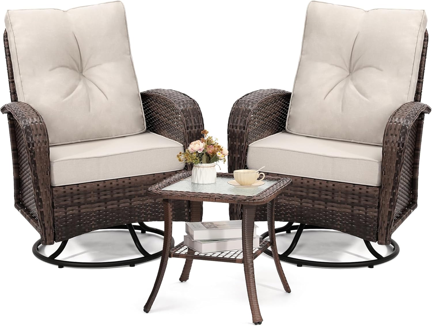 Luxury Outdoor Swivel Wicker Glider Patio Chairs with Table Set, Overstuffed Washable Cushions, Ideal for Porch, Balcony, Deck, Brown Rattan and Beige Cushion
