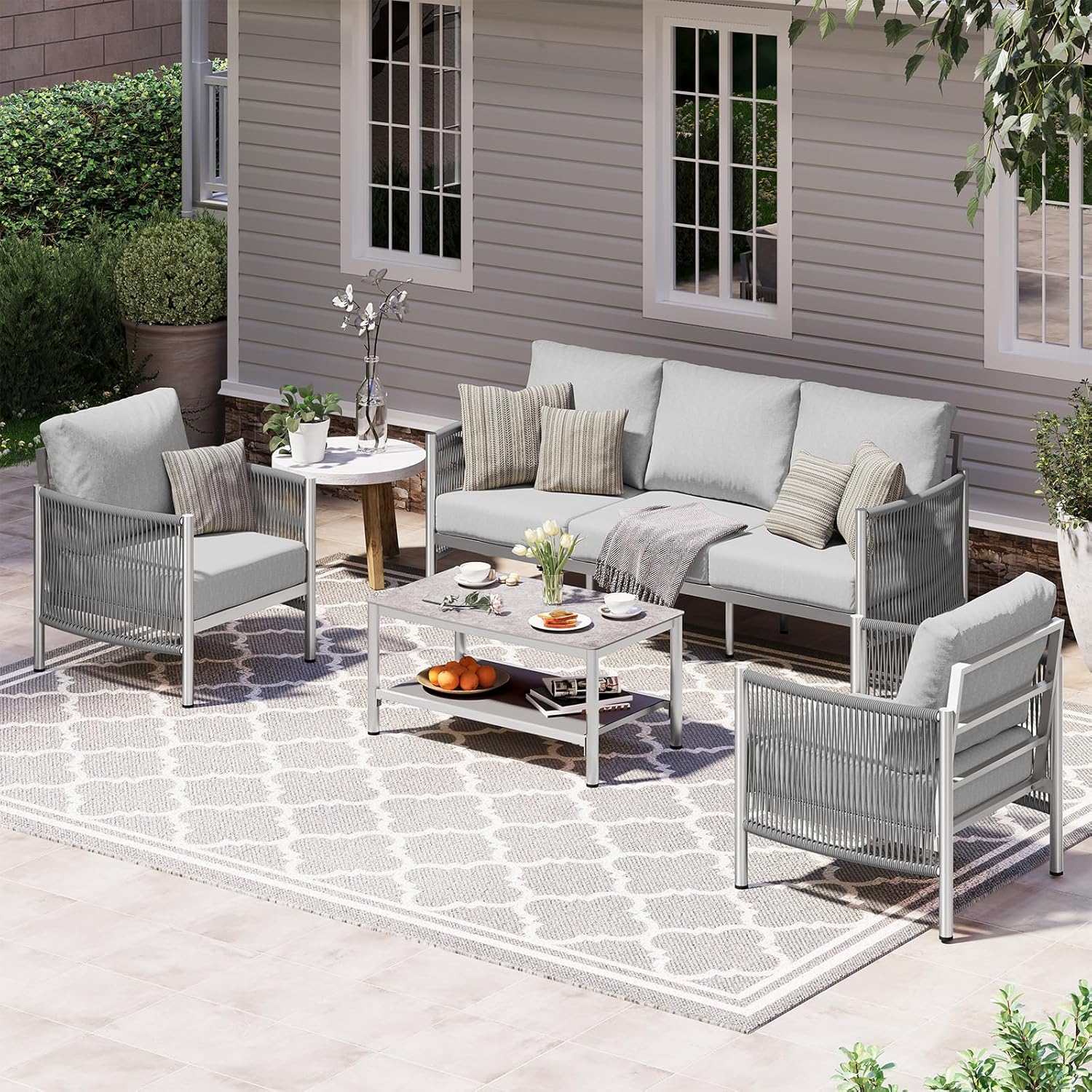 Aluminum Outdoor Patio Furniture Set, HDPE Rope 5 Piece Modern Sectional Conversation Sets with Dual-Layer Coffee Table, All Weather Patio Couch Sofa with Thick Cushions, Silver Frame, Beige
