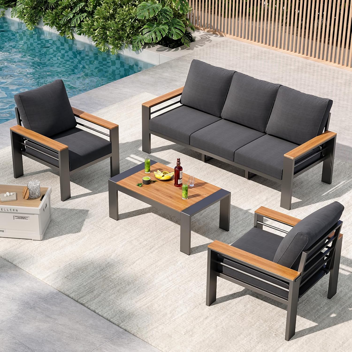 Aoxun Aluminum Outdoor Patio Furniture Set, 5 Seats Outdoor Sectional with Coffee Table, Patio Conversation Sets with Upgraded Armrests and Cushions for Backyard, Garden and Poolside