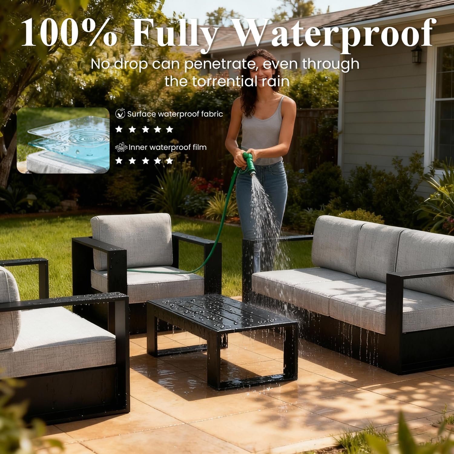 LayinSun Oversized Aluminum Outdoor Furniture Set, 5 Piece Patio Sofa Sets with Coffee Table, Deep Seating and Upgraded 6-inch Cushions for Porch, Balcony, Deck