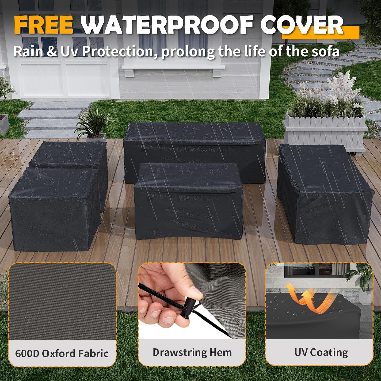 Amopatio Aluminum Patio Furniture Set with Fire Pit, 8 Pcs Metal Patio Sofa Couch Sets with Aluminum Fire Pit Table, Modern Outdoor Furniture with 6" Cushion, Dark Grey (Included Waterproof Covers)