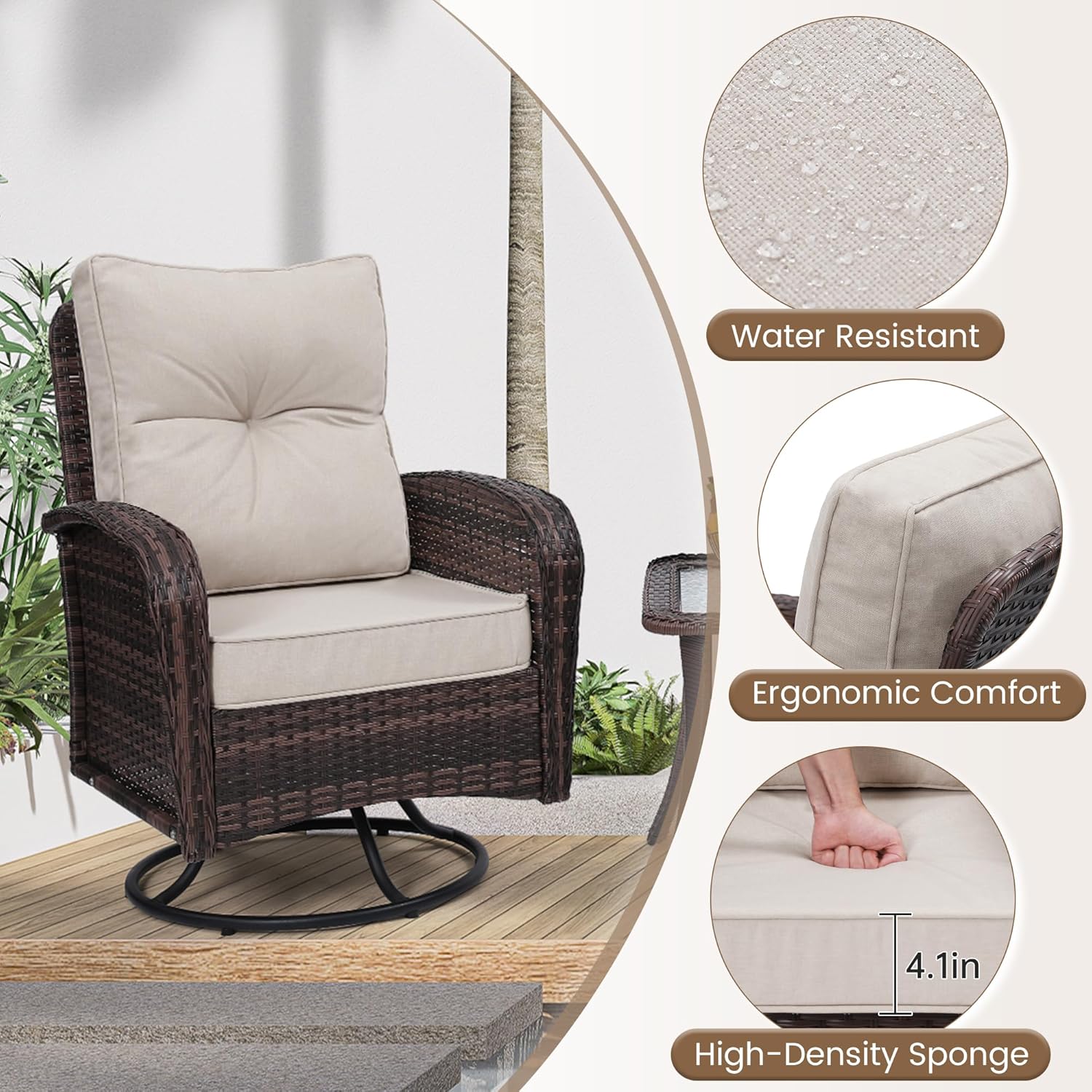 Luxury Outdoor Swivel Wicker Glider Patio Chairs with Table Set, Overstuffed Washable Cushions, Ideal for Porch, Balcony, Deck, Brown Rattan and Beige Cushion
