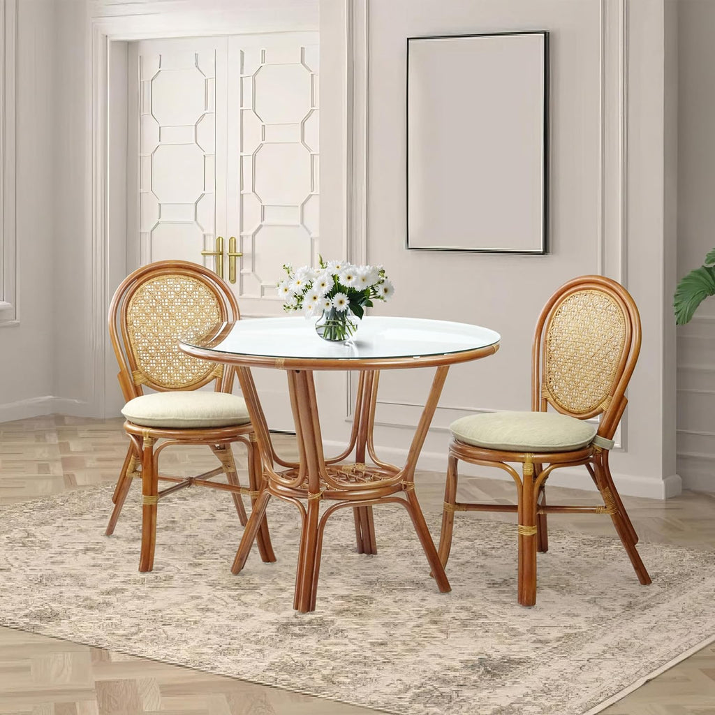 Pelangi Rattan Wicker Round Dining Table with Glass Top, Colonial