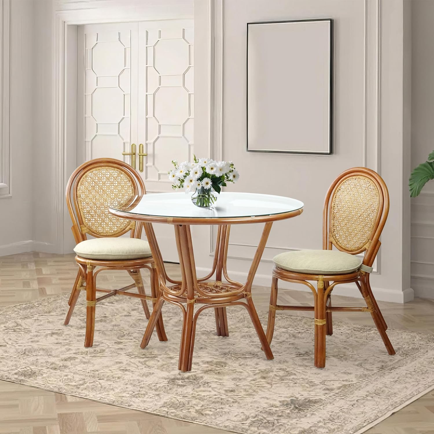 Pelangi Rattan Wicker Round Dining Table with Glass Top, Colonial