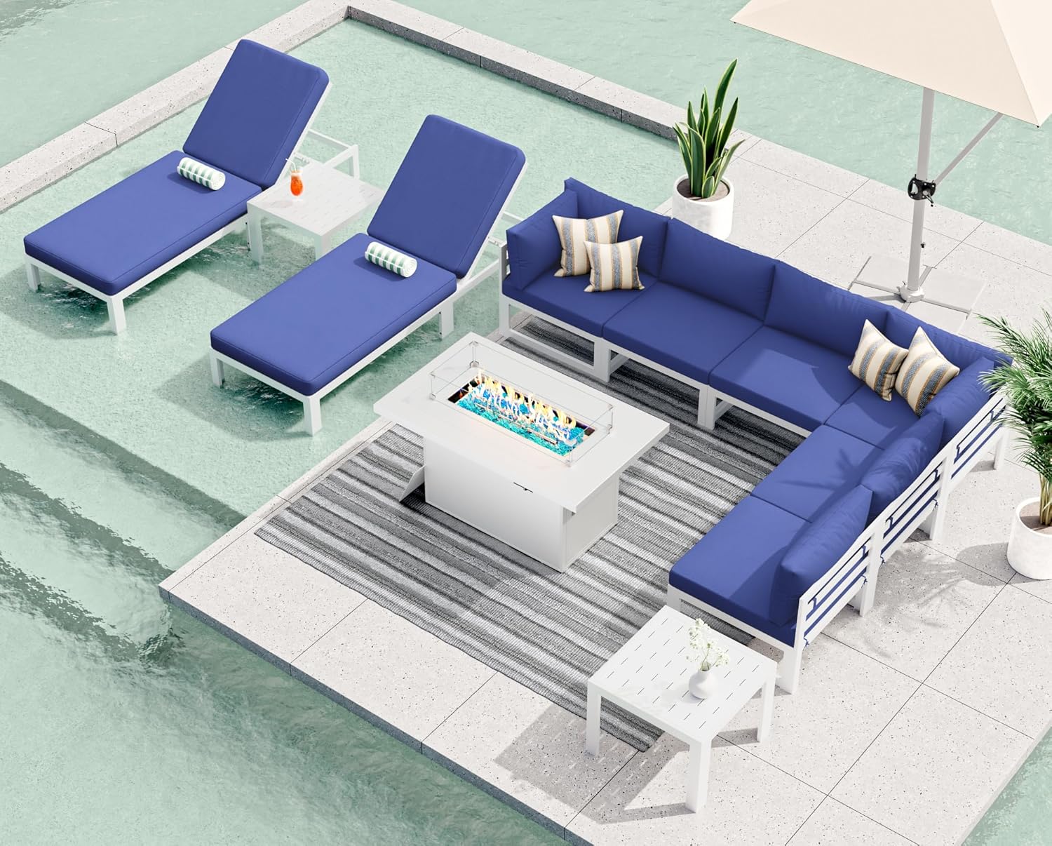 RADIATA 7 Piece Luxury Aluminum Outdoor Sectional Sofa with Fire Pit Table, Oversized L Shaped Patio Furniture Set, 29 inch Deep Wide Seating, 500 lbs Heavy Duty Comfy Conversation Set for Yard, White