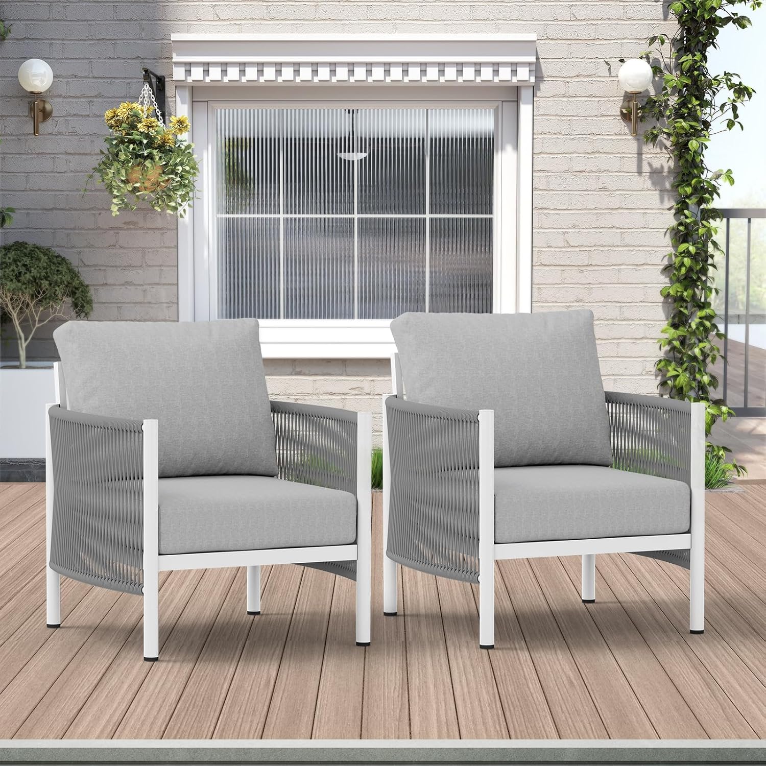 Aluminum Outdoor Patio Furniture Set, HDPE Rope 5 Piece Modern Sectional Conversation Sets with Dual-Layer Coffee Table, All Weather Patio Couch Sofa with Thick Cushions, Silver Frame, Beige