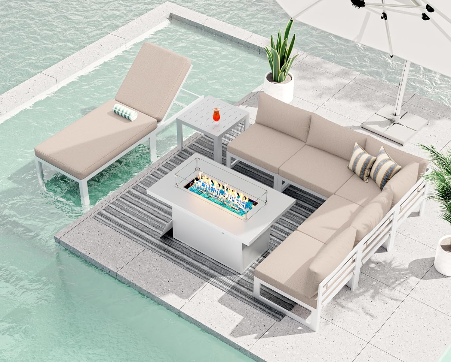 RADIATA 7 Piece Luxury Aluminum Outdoor Sectional Sofa with Fire Pit Table, Oversized L Shaped Patio Furniture Set, 29 inch Deep Wide Seating, 500 lbs Heavy Duty Comfy Conversation Set for Yard, White