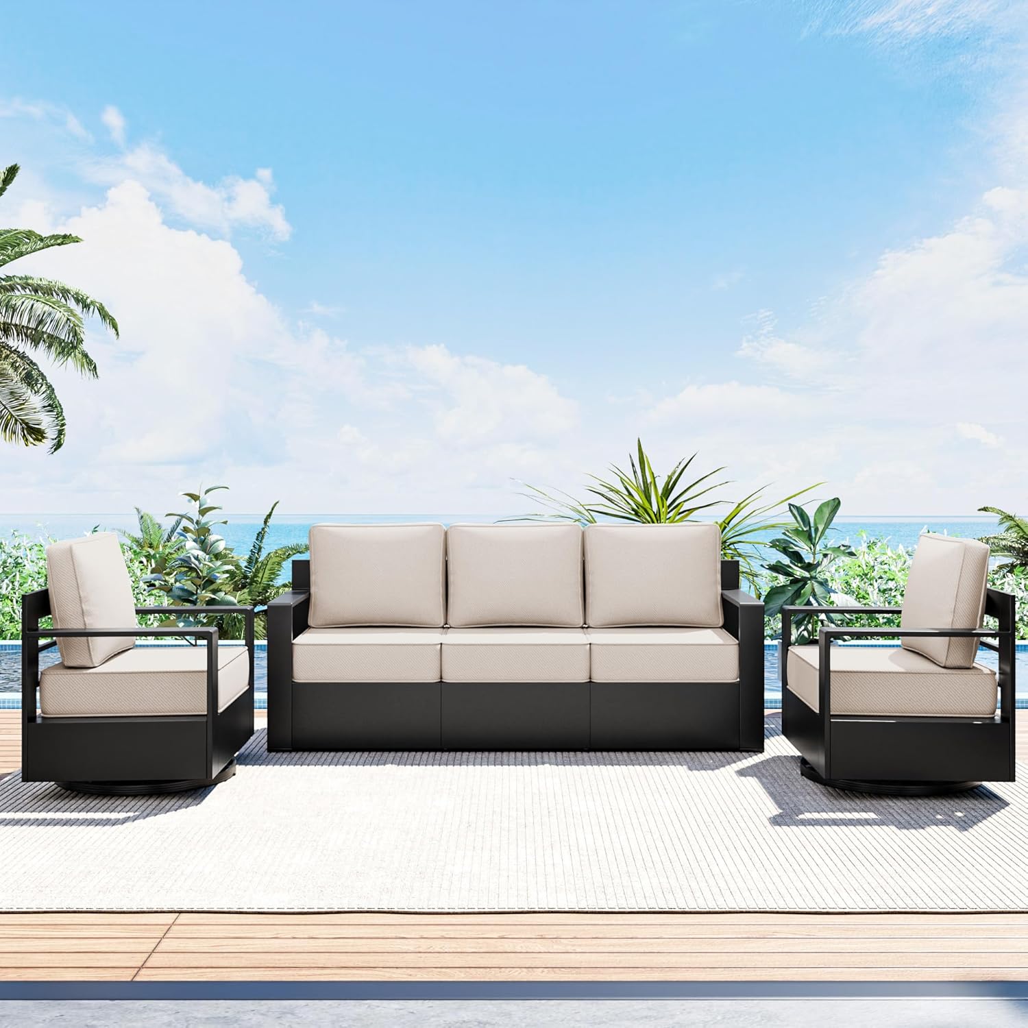 Outdoor Patio Furniture Aluminum Patio Chairs, All-Weather Metal Outdoor Chair with 6 Inch Thick Cushions, Deep Setting for Garden, Outside and Porch, Beige