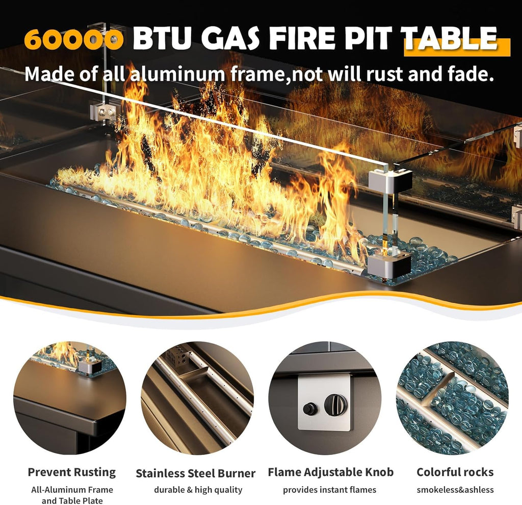 Amopatio Aluminum Patio Furniture Set with Fire Pit, 8 Pcs Metal Patio Sofa Couch Sets with Aluminum Fire Pit Table, Modern Outdoor Furniture with 6" Cushion, Dark Grey (Included Waterproof Covers)