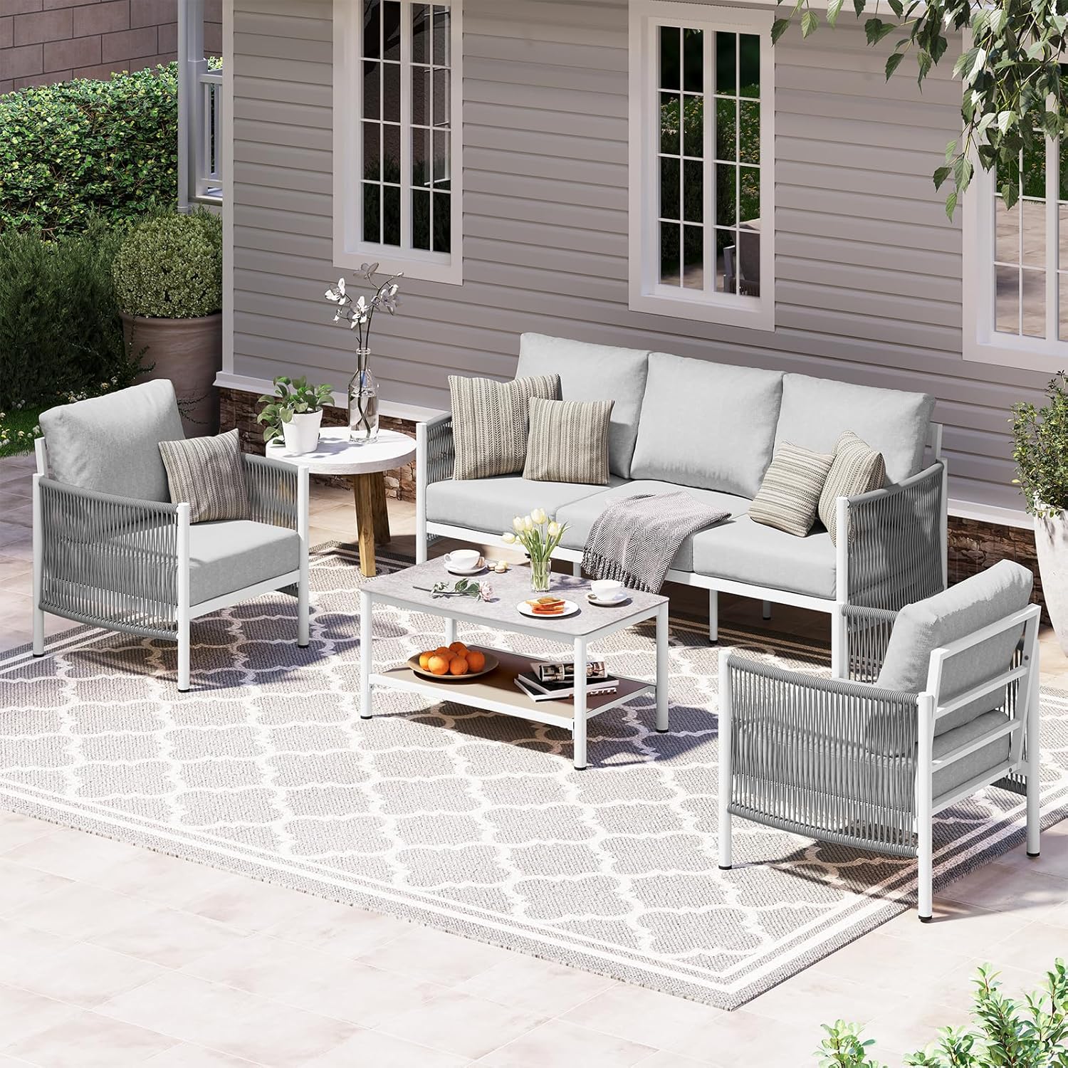 Aluminum Outdoor Patio Furniture Set, HDPE Rope 5 Piece Modern Sectional Conversation Sets with Dual-Layer Coffee Table, All Weather Patio Couch Sofa with Thick Cushions, Silver Frame, Beige