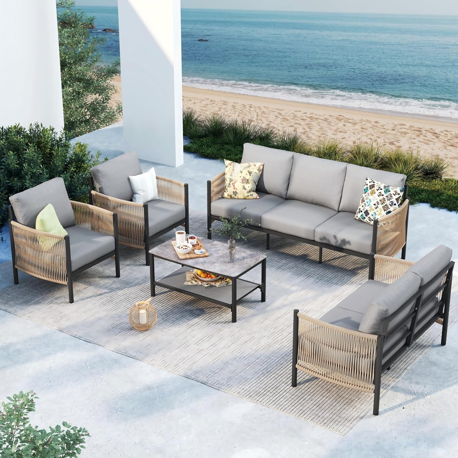 Aluminum Outdoor Patio Furniture Set, HDPE Rope 5 Piece Modern Sectional Conversation Sets with Dual-Layer Coffee Table, All Weather Patio Couch Sofa with Thick Cushions, Silver Frame, Beige