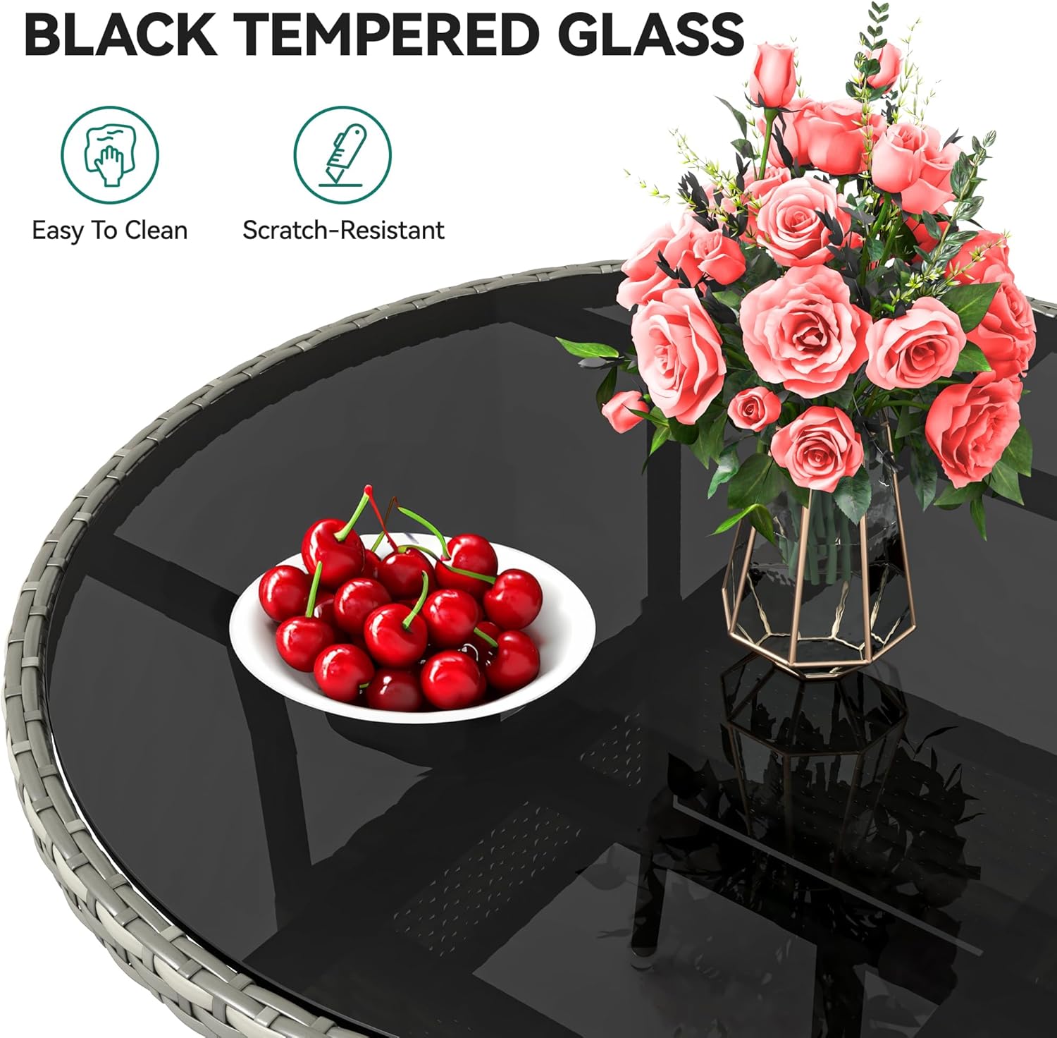 YITAHOME Outdoor Dining Table Round for 4 31.5" Patio Dining Table with Easy-to-Clean Glass Tabletop, All-Weather Rattan Bistro Table Round for Backyard Deck Porch Poolside, Gray