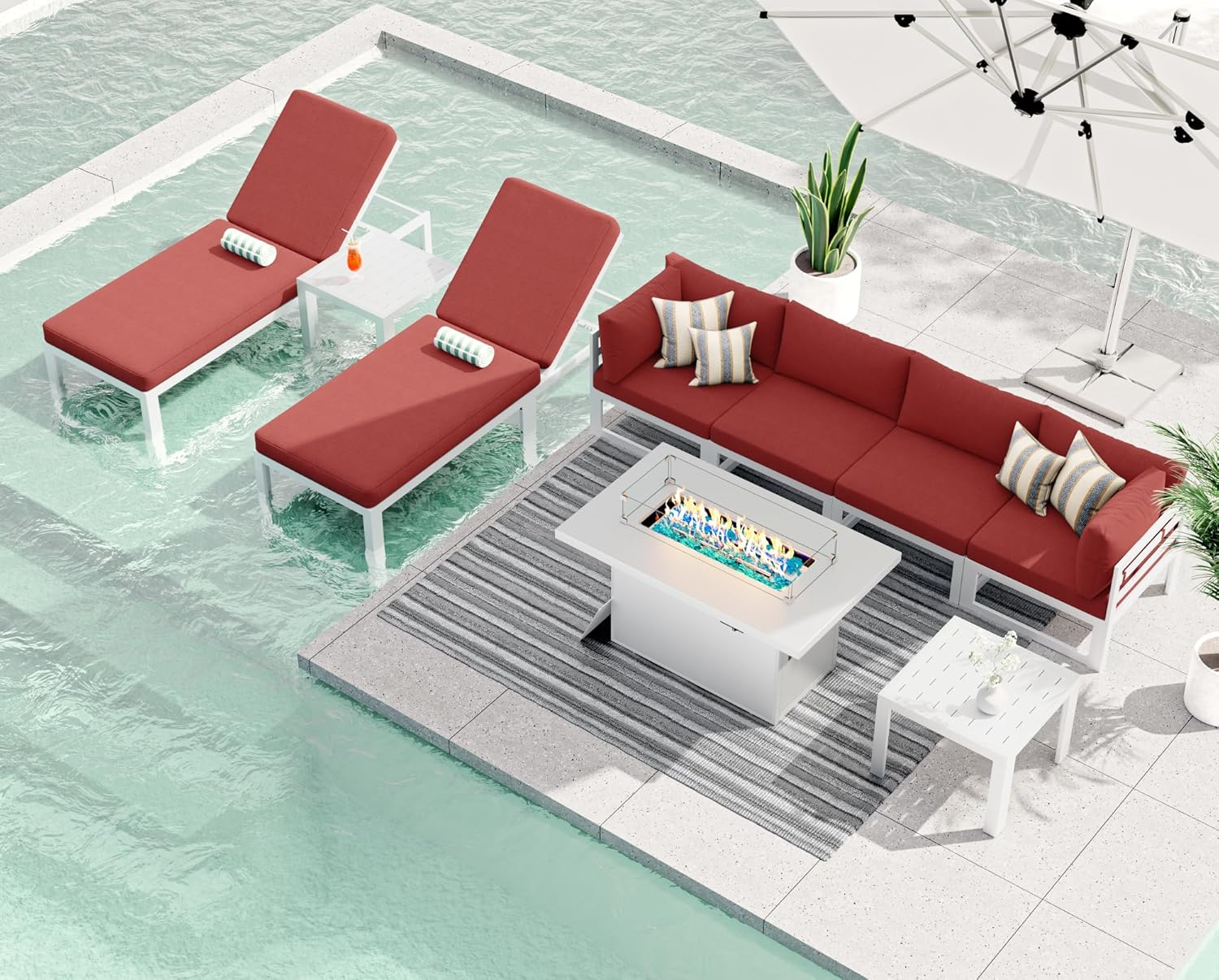 RADIATA 7 Piece Luxury Aluminum Outdoor Sectional Sofa with Fire Pit Table, Oversized L Shaped Patio Furniture Set, 29 inch Deep Wide Seating, 500 lbs Heavy Duty Comfy Conversation Set for Yard, White