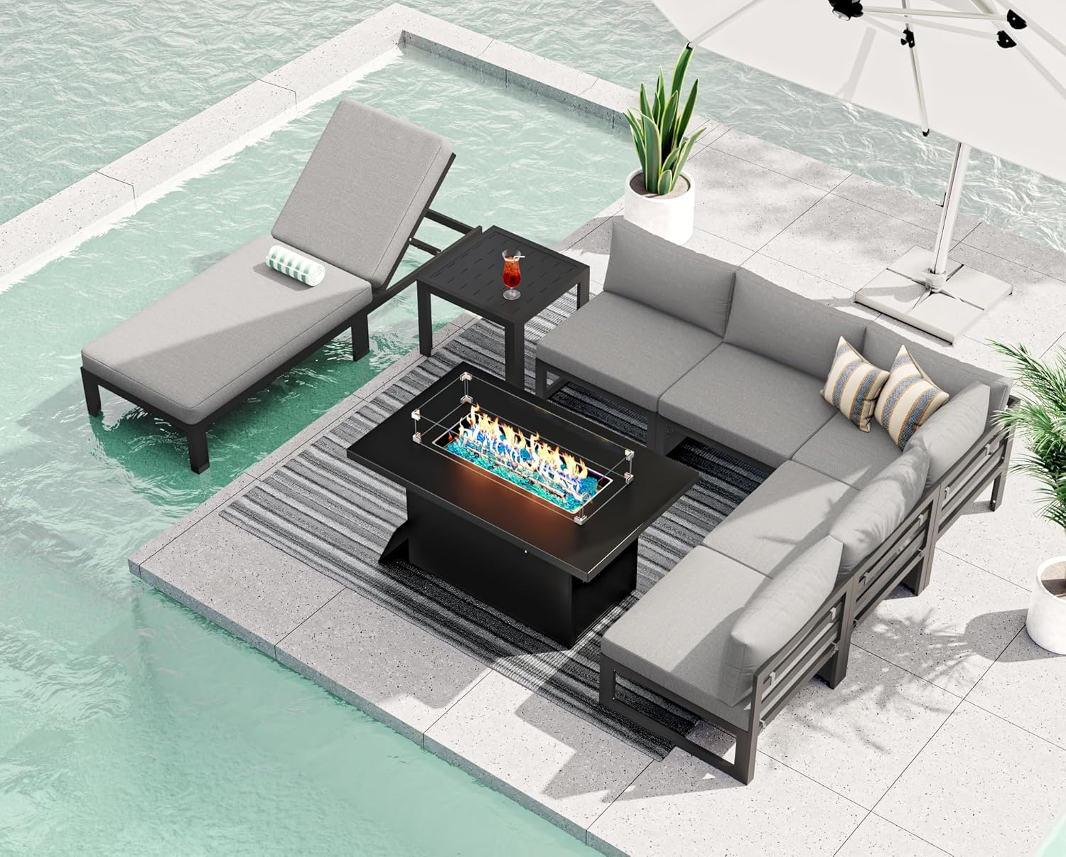 RADIATA 7 Piece Luxury Aluminum Outdoor Sectional Sofa with Fire Pit Table, Oversized L Shaped Patio Furniture Set, 29 inch Deep Wide Seating, 500 lbs Heavy Duty Comfy Conversation Set for Yard, White