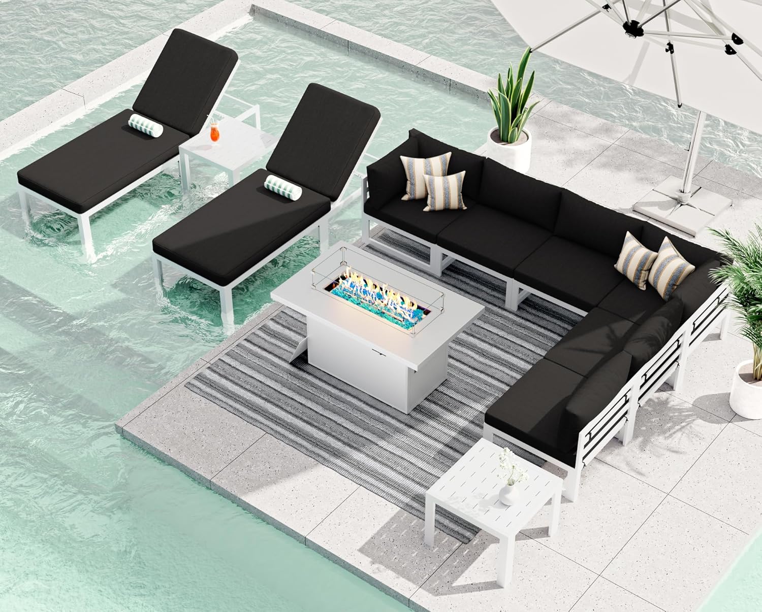 RADIATA 7 Piece Luxury Aluminum Outdoor Sectional Sofa with Fire Pit Table, Oversized L Shaped Patio Furniture Set, 29 inch Deep Wide Seating, 500 lbs Heavy Duty Comfy Conversation Set for Yard, White