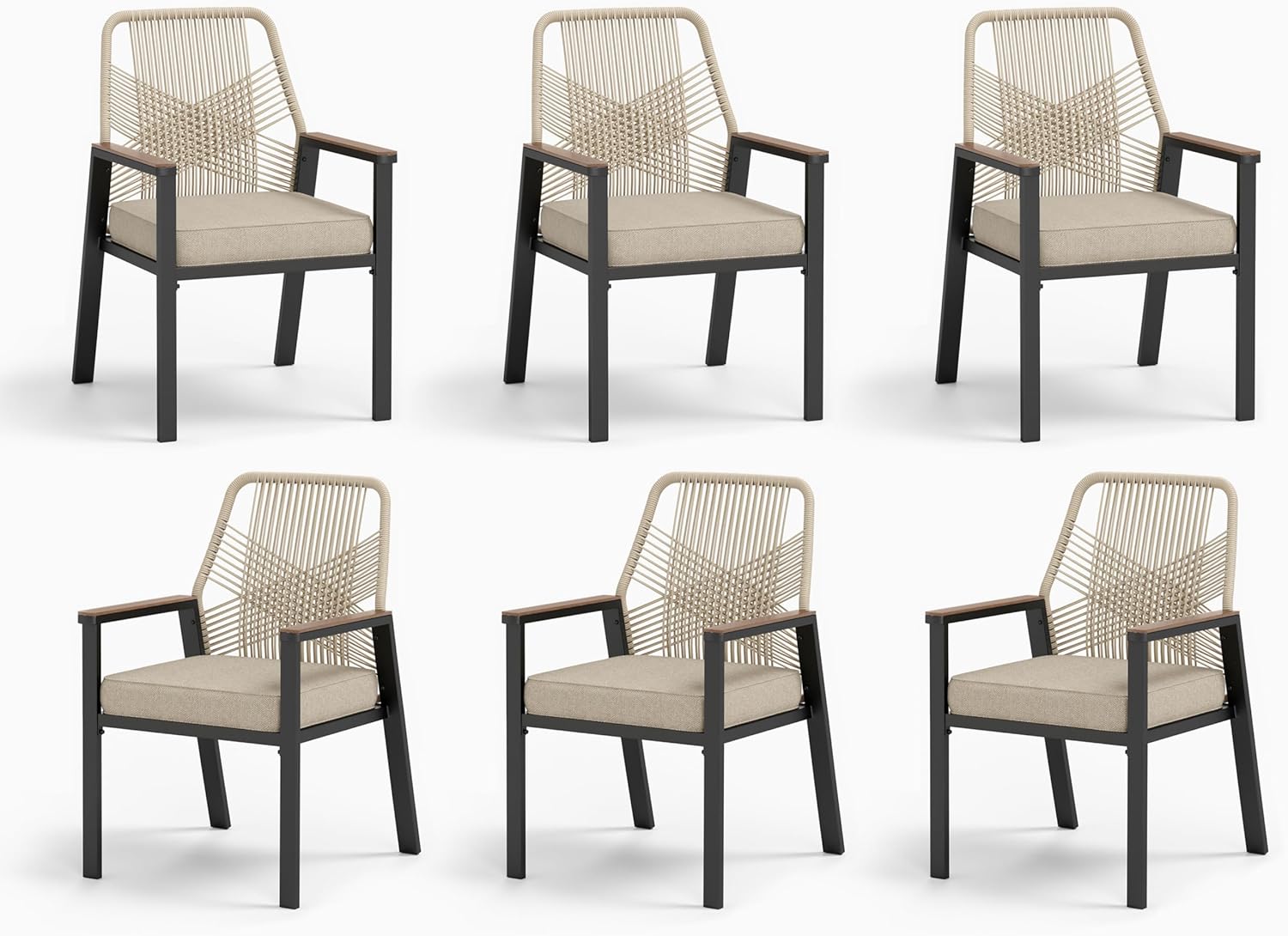 Patio Wicker Chair Sets of 2, Outdoor Dining Chairs with 3.1 inch Seat Cushions, Sturdy Metal Frame & Wood Grain Armrest, Patio Dining Chairs for Porch Backyard, Beige