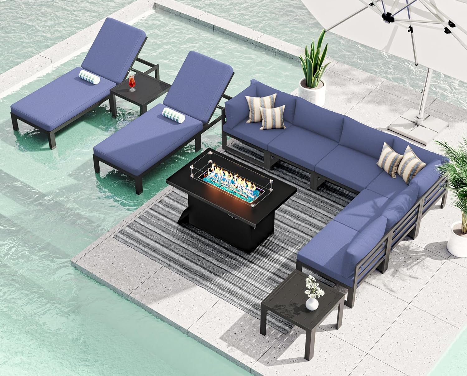 RADIATA 7 Piece Luxury Aluminum Outdoor Sectional Sofa with Fire Pit Table, Oversized L Shaped Patio Furniture Set, 29 inch Deep Wide Seating, 500 lbs Heavy Duty Comfy Conversation Set for Yard, White