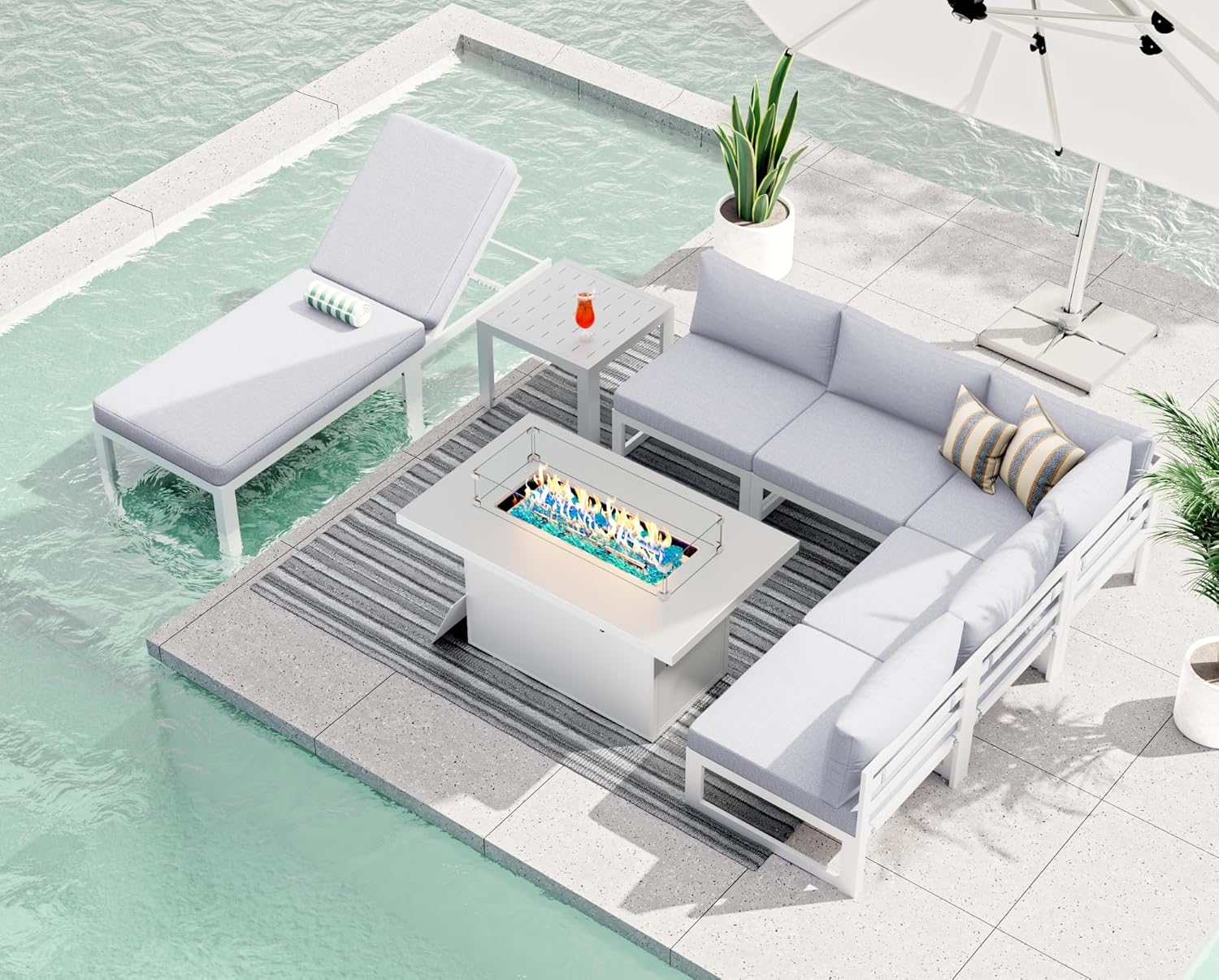 RADIATA 7 Piece Luxury Aluminum Outdoor Sectional Sofa with Fire Pit Table, Oversized L Shaped Patio Furniture Set, 29 inch Deep Wide Seating, 500 lbs Heavy Duty Comfy Conversation Set for Yard, White