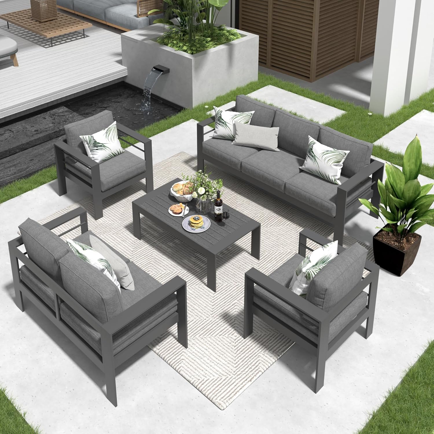 Solaste Aluminum Patio Furniture Set, 5 Seats Modern Outdoor Conversation Set Sectional Sofa with Upgrade Cushion and Coffee Table,Black Frame and Grey Cushion