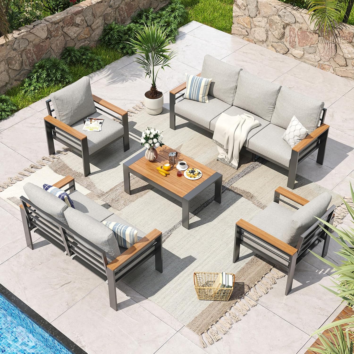 Aoxun Aluminum Patio Furniture Set 5 Seats, Oversized Outdoor Sectional with Washable Thick Cushions, Coffee Table, Patio Conversation Sets for Porch, Balcony, Deck