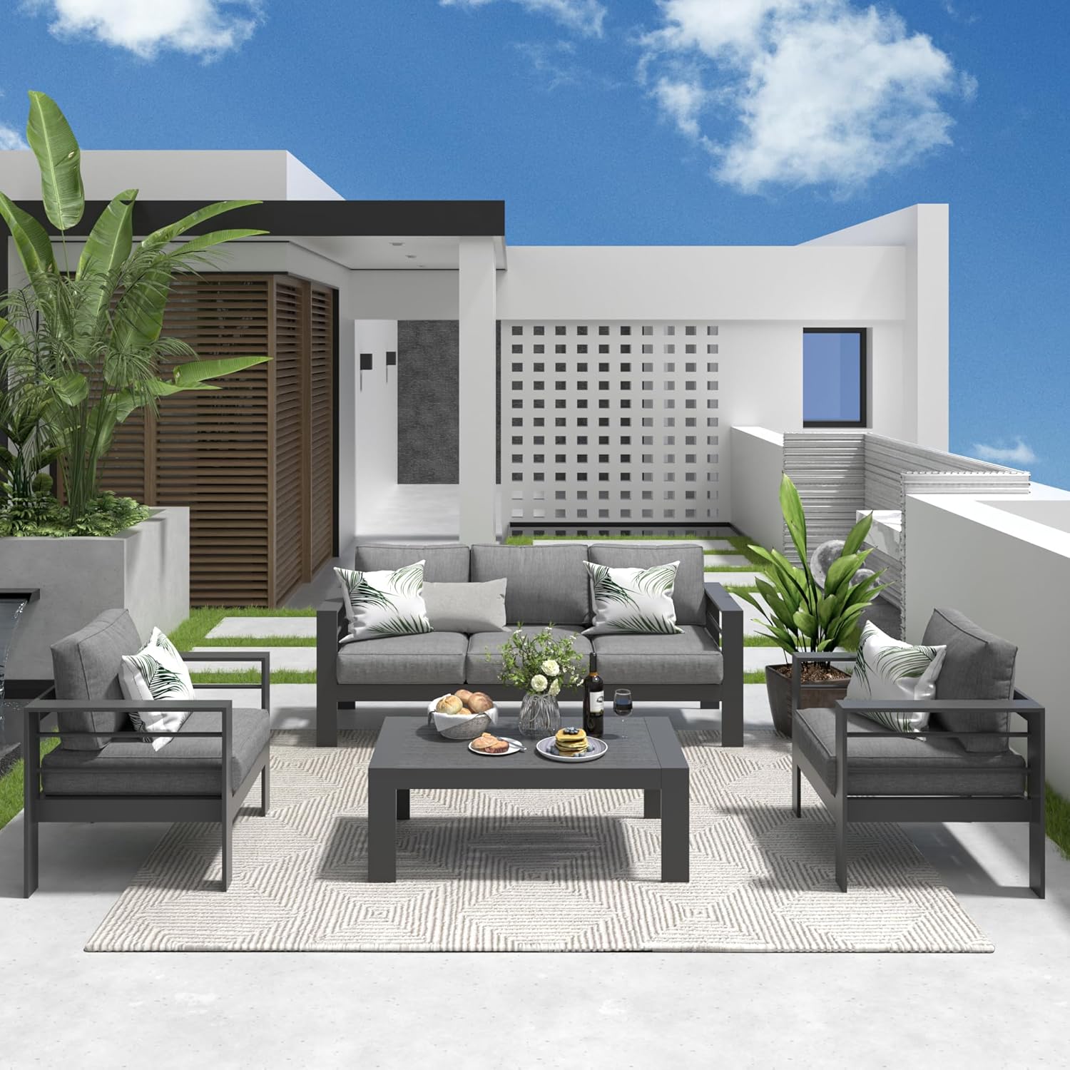 Solaste Aluminum Patio Furniture Set, 5 Seats Modern Outdoor Conversation Set Sectional Sofa with Upgrade Cushion and Coffee Table,Black Frame and Grey Cushion