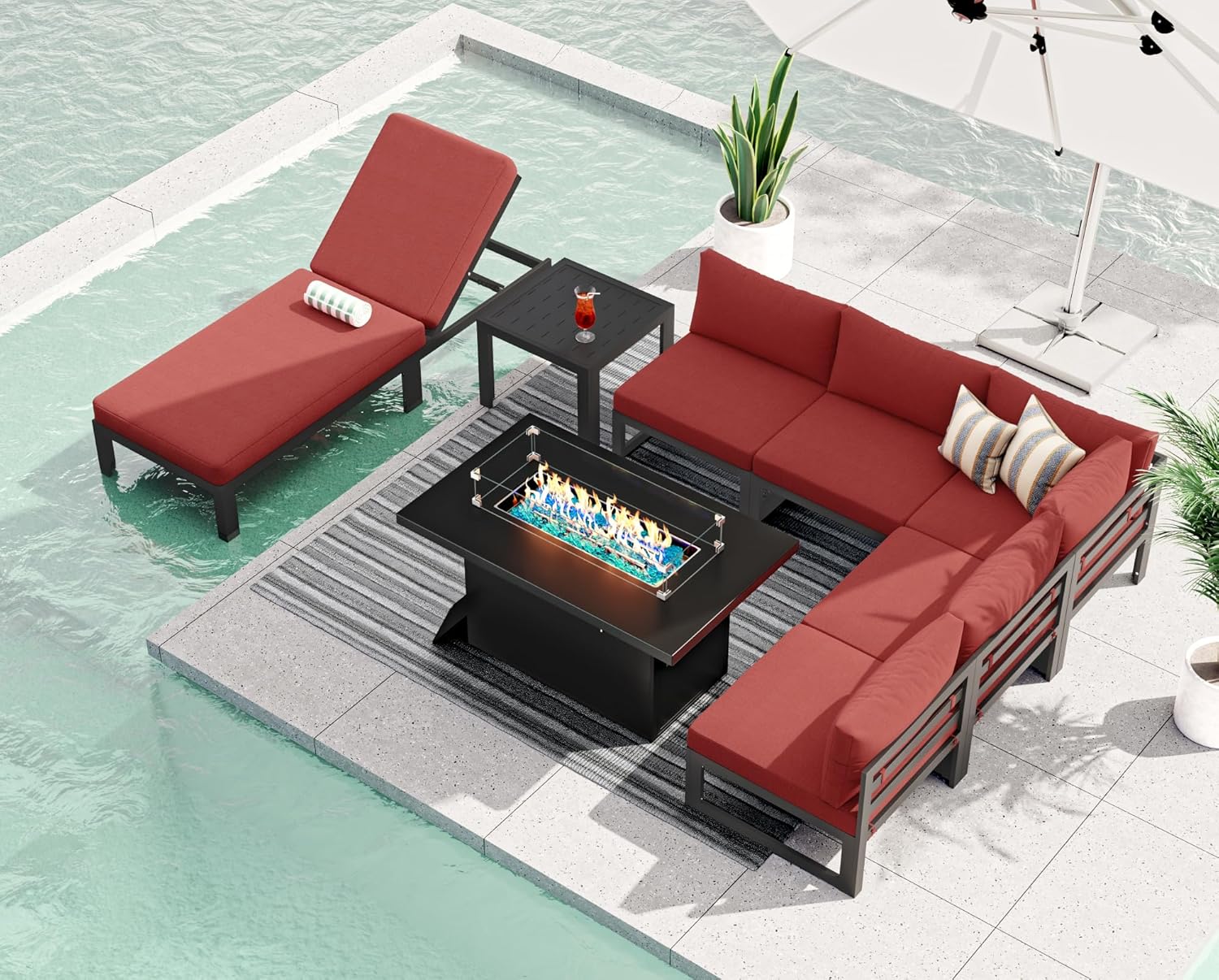 RADIATA 7 Piece Luxury Aluminum Outdoor Sectional Sofa with Fire Pit Table, Oversized L Shaped Patio Furniture Set, 29 inch Deep Wide Seating, 500 lbs Heavy Duty Comfy Conversation Set for Yard, White