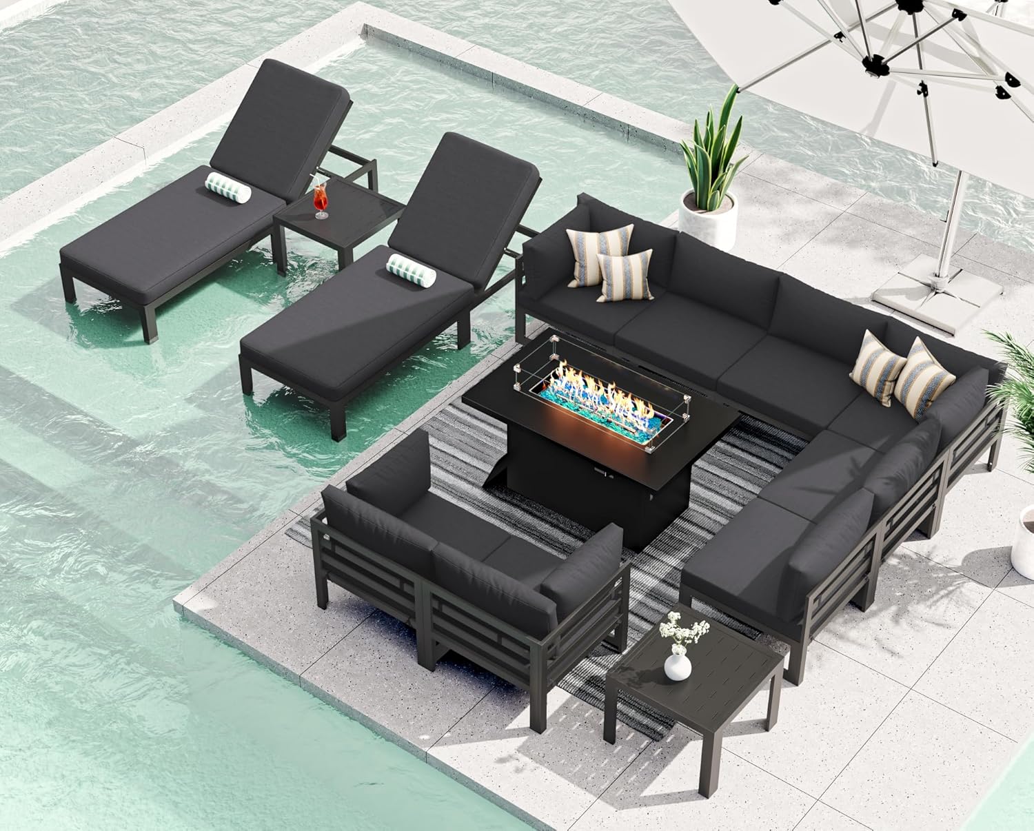 RADIATA 7 Piece Luxury Aluminum Outdoor Sectional Sofa with Fire Pit Table, Oversized L Shaped Patio Furniture Set, 29 inch Deep Wide Seating, 500 lbs Heavy Duty Comfy Conversation Set for Yard, White