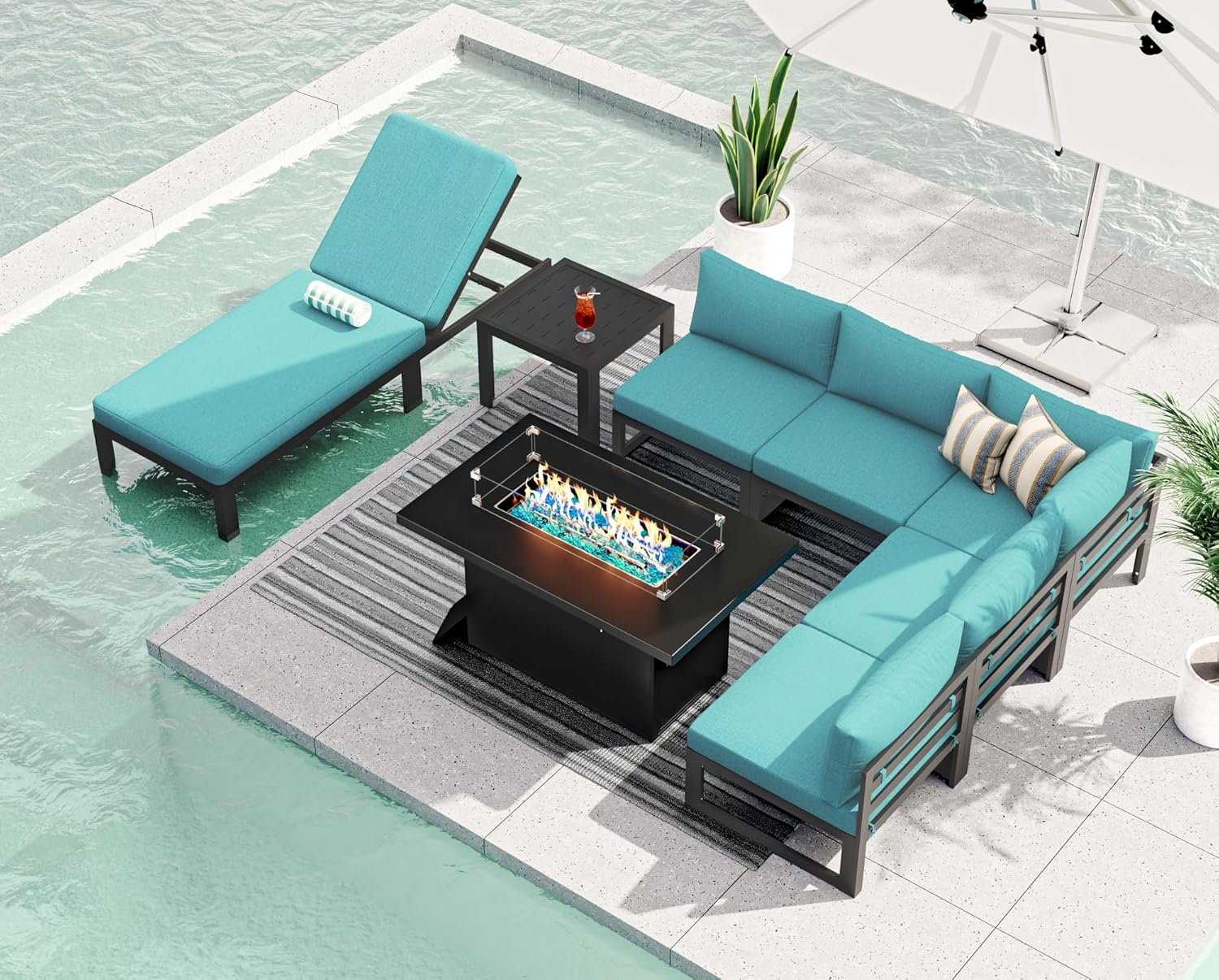 RADIATA 7 Piece Luxury Aluminum Outdoor Sectional Sofa with Fire Pit Table, Oversized L Shaped Patio Furniture Set, 29 inch Deep Wide Seating, 500 lbs Heavy Duty Comfy Conversation Set for Yard, White