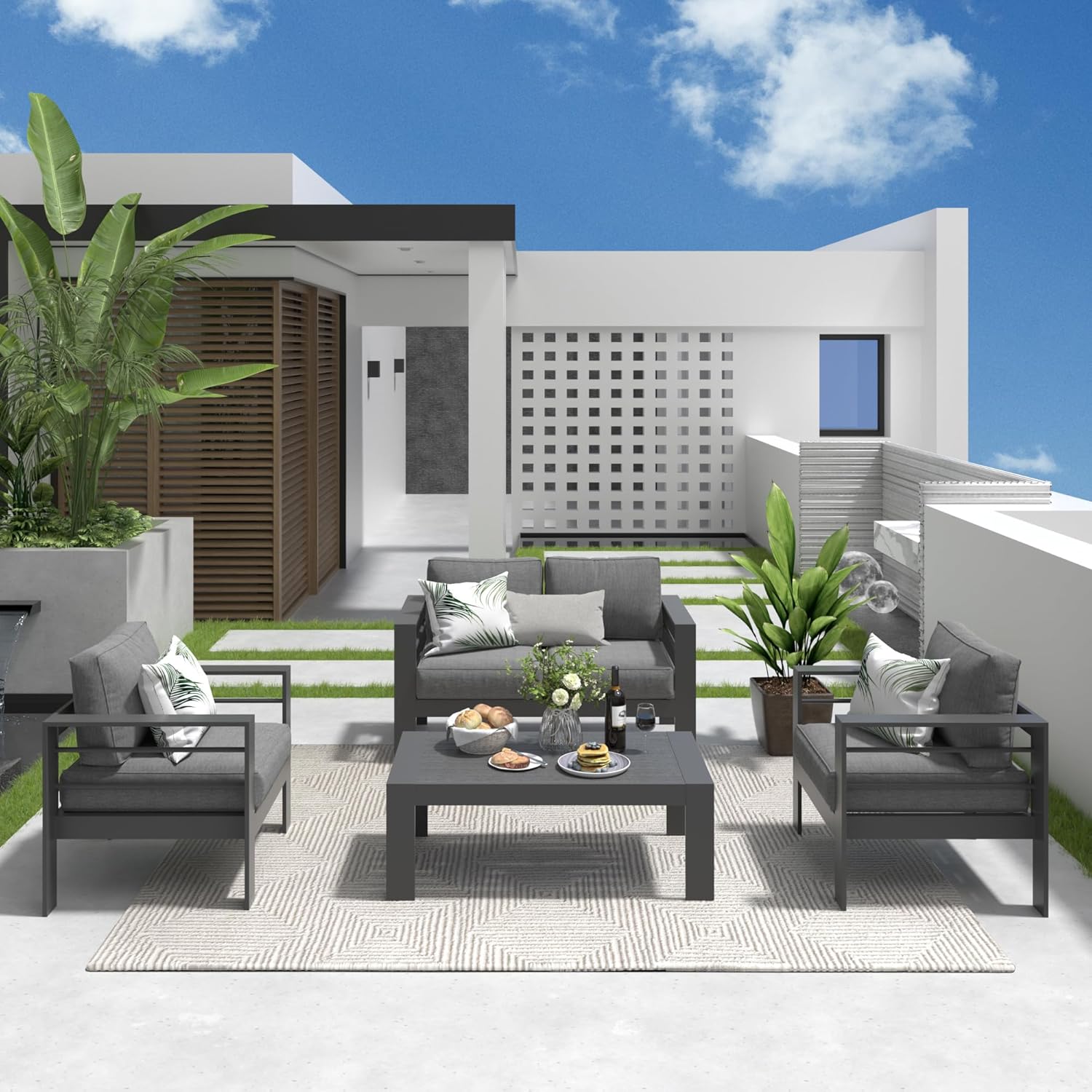Solaste Aluminum Patio Furniture Set, 5 Seats Modern Outdoor Conversation Set Sectional Sofa with Upgrade Cushion and Coffee Table,Black Frame and Grey Cushion