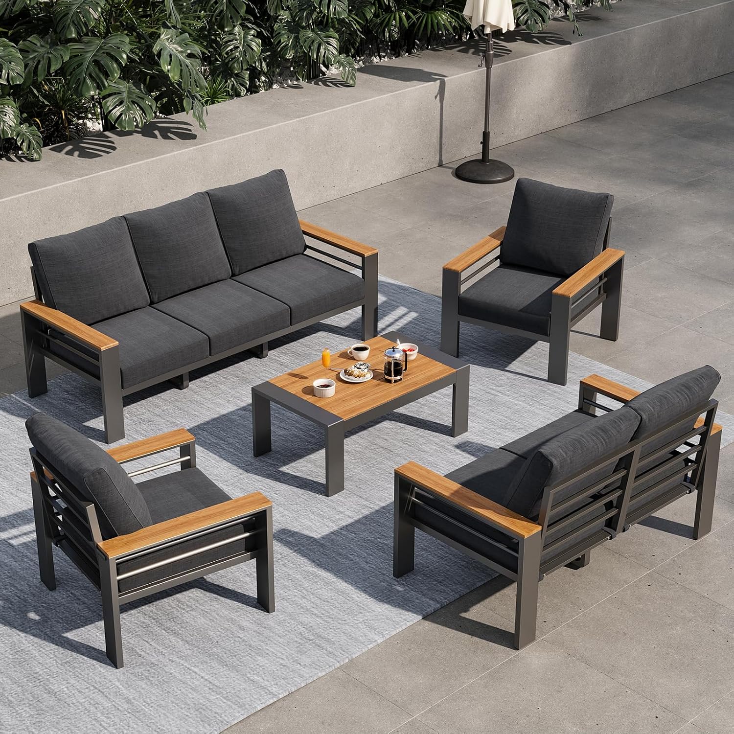 Aoxun Aluminum Outdoor Patio Furniture Set, 5 Seats Outdoor Sectional with Coffee Table, Patio Conversation Sets with Upgraded Armrests and Cushions for Backyard, Garden and Poolside