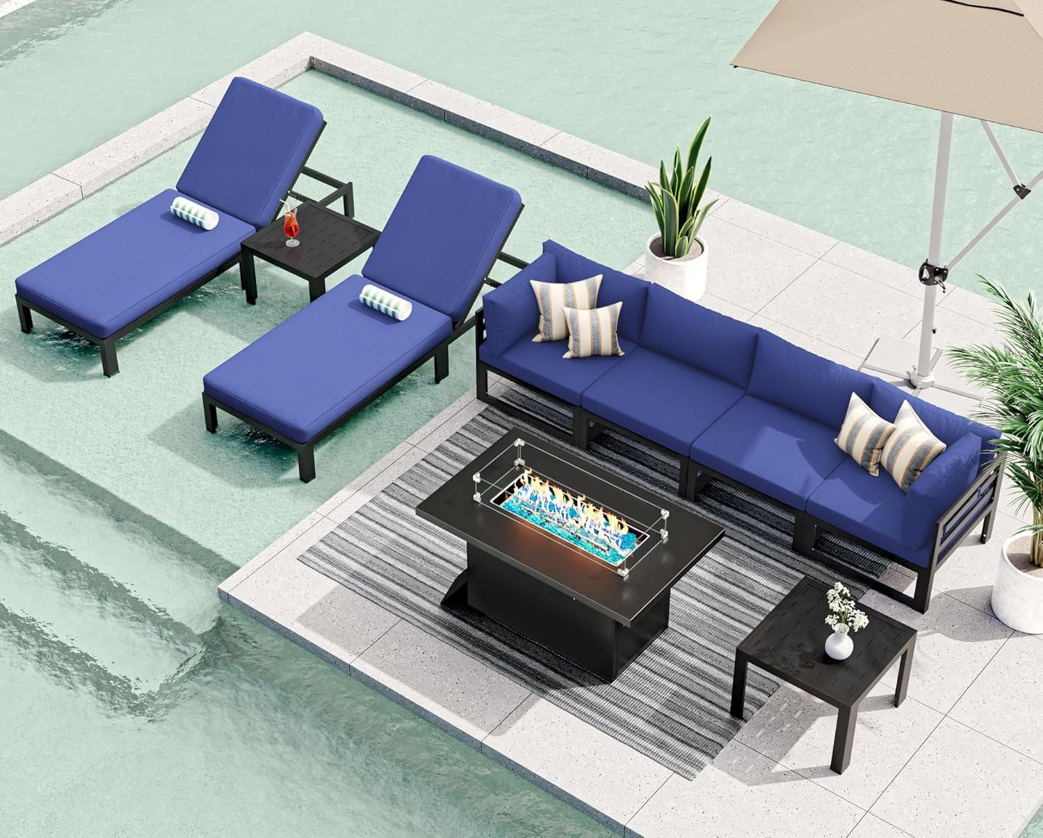 RADIATA 7 Piece Luxury Aluminum Outdoor Sectional Sofa with Fire Pit Table, Oversized L Shaped Patio Furniture Set, 29 inch Deep Wide Seating, 500 lbs Heavy Duty Comfy Conversation Set for Yard, White