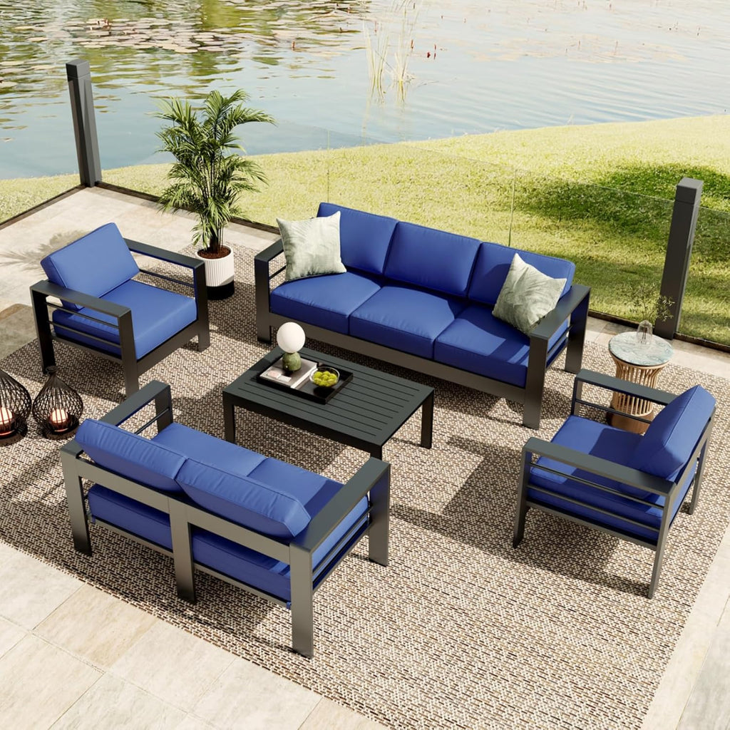 GarveeLife 7 Seats Aluminum Patio Furniture Set, 5 Pieces Outdoor Sectional Sofa Conversation Set Sectional Sofa with 4 in Armrest & 5 in Thick Cushions & Coffee Table，Blue