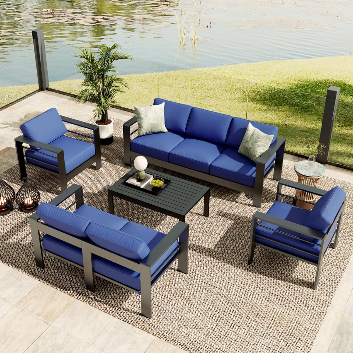 GarveeLife 7 Seats Aluminum Patio Furniture Set, 5 Pieces Outdoor Sectional Sofa Conversation Set Sectional Sofa with 4 in Armrest & 5 in Thick Cushions & Coffee Table，Blue