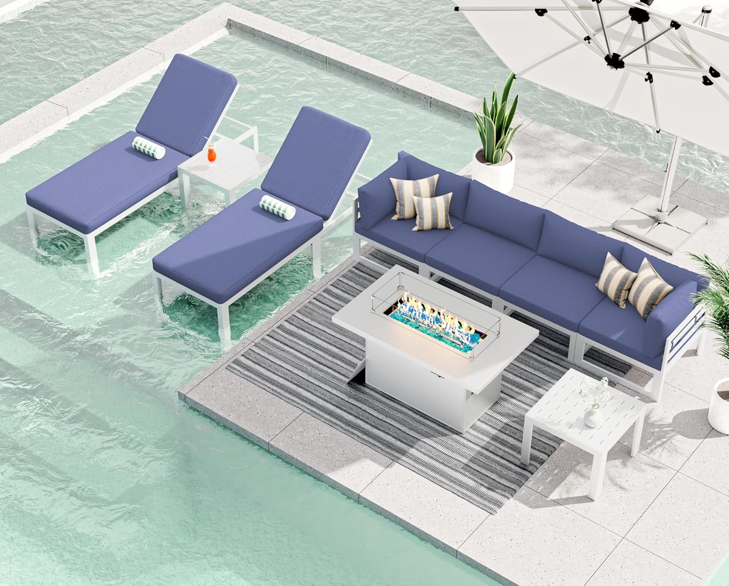 RADIATA 7 Piece Luxury Aluminum Outdoor Sectional Sofa with Fire Pit Table, Oversized L Shaped Patio Furniture Set, 29 inch Deep Wide Seating, 500 lbs Heavy Duty Comfy Conversation Set for Yard, White