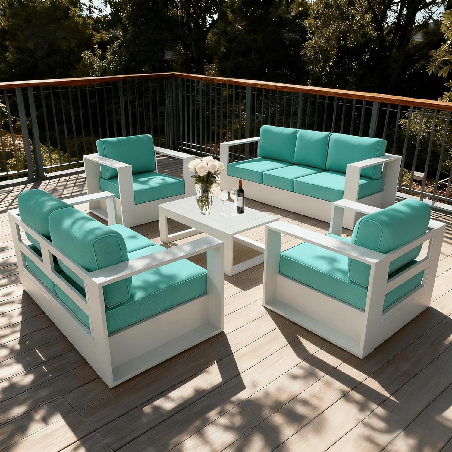 LayinSun Oversized Aluminum Outdoor Furniture Set, 5 Piece Patio Sofa Sets with Coffee Table, Deep Seating and Upgraded 6-inch Cushions for Porch, Balcony, Deck