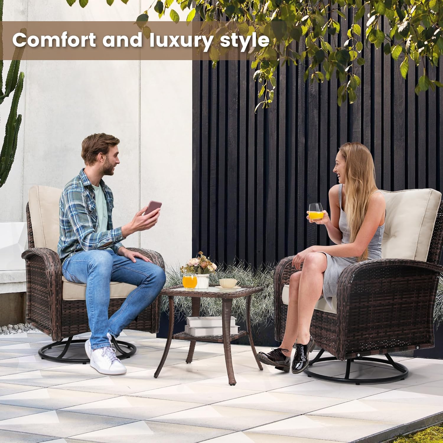 Luxury Outdoor Swivel Wicker Glider Patio Chairs with Table Set, Overstuffed Washable Cushions, Ideal for Porch, Balcony, Deck, Brown Rattan and Beige Cushion