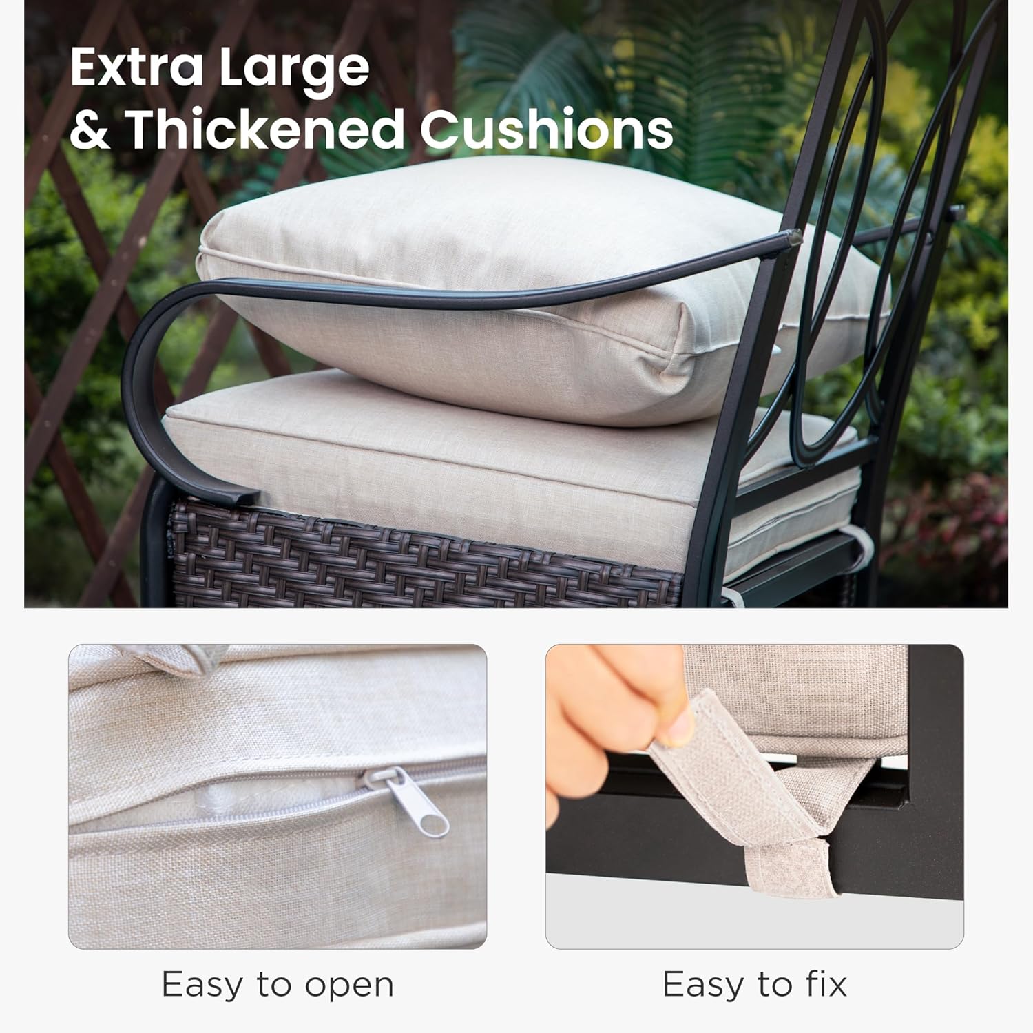 PHI VILLA Patio Swivel Chairs Set of 2, Heavy Duty Outdoor Metal Wicker Dining Chair with Thickened Cushions, Large All Weather Wrought Iron Deck Chair Lawn Furniture Support 300lbs