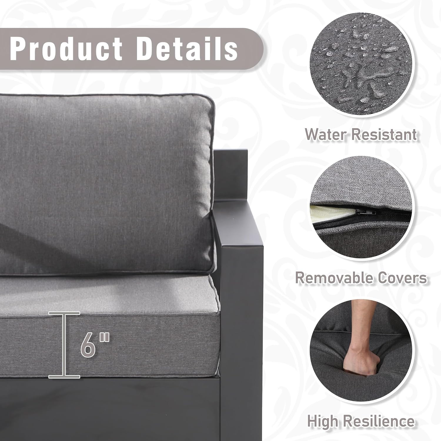 Aluminum Patio Chair - Outdoor Chair with 6" Thick Water-Resistant Cushions, All-Weather Use Frame, Removable Cover, Ideal for Garden, Poolside