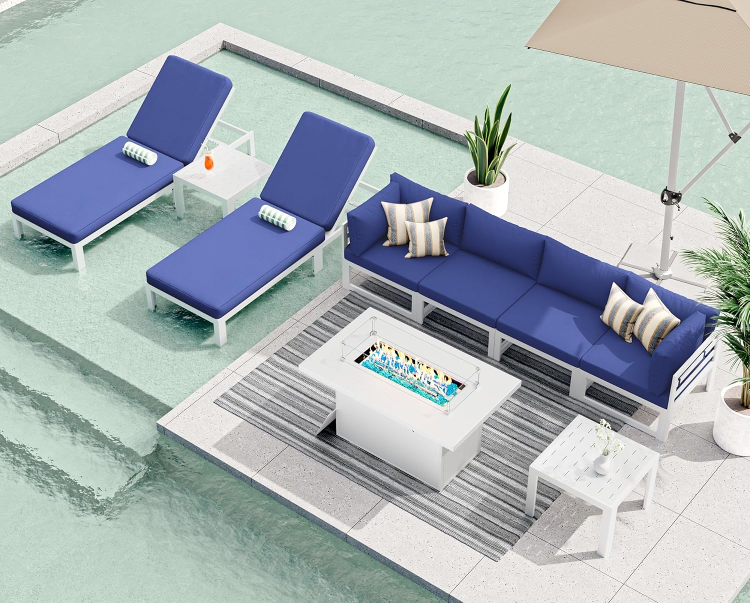 RADIATA 7 Piece Luxury Aluminum Outdoor Sectional Sofa with Fire Pit Table, Oversized L Shaped Patio Furniture Set, 29 inch Deep Wide Seating, 500 lbs Heavy Duty Comfy Conversation Set for Yard, White