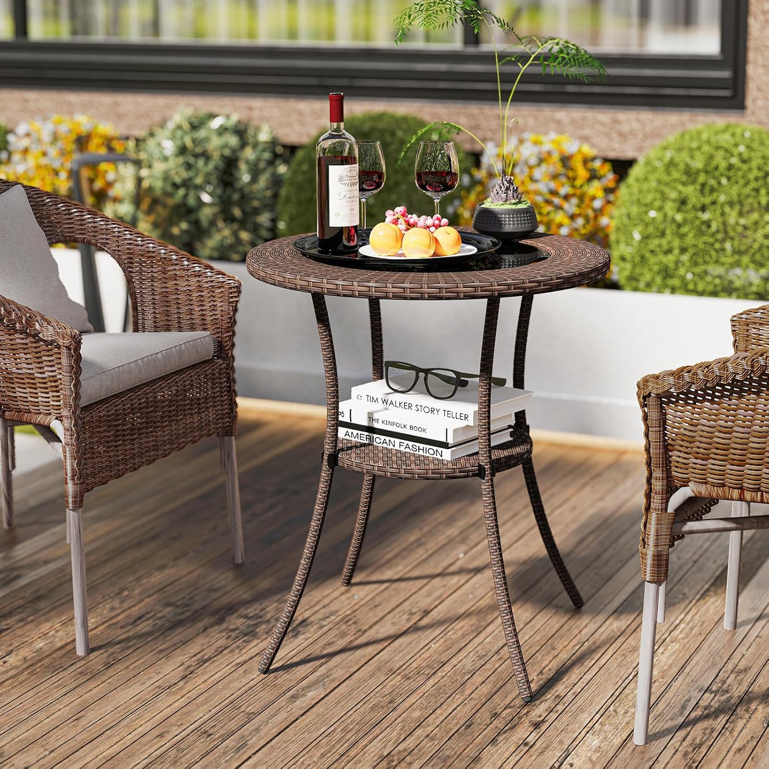 Tangkula 25.5" Wicker Patio Dining Table, Outdoor Round Bistro Side Table with Tempered Glass Top and Storage Shelf, for Balcony, Garden and Backyard