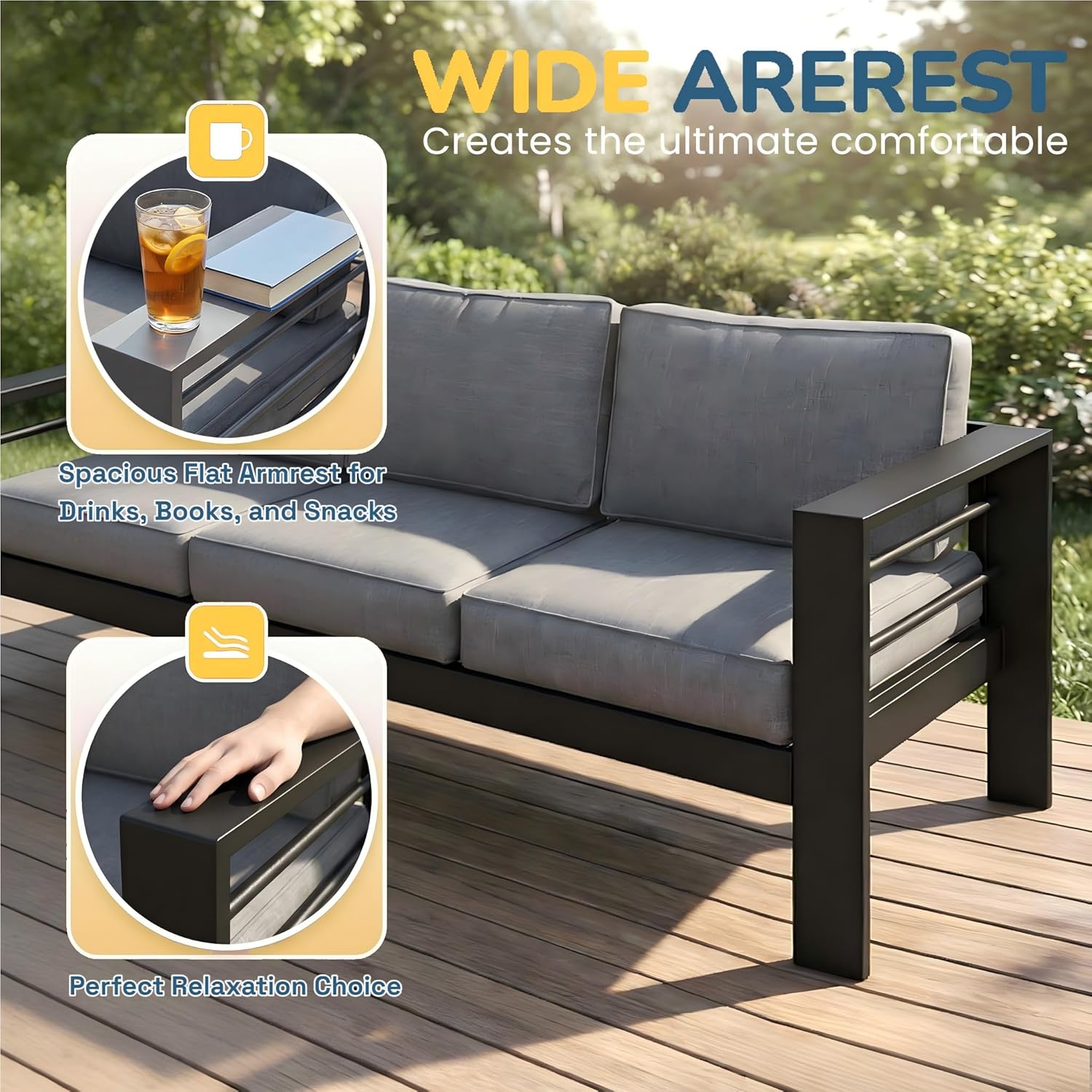 Solaste Aluminum Patio Furniture Set, 5 Seats Modern Outdoor Conversation Set Sectional Sofa with Upgrade Cushion and Coffee Table,Black Frame and Grey Cushion