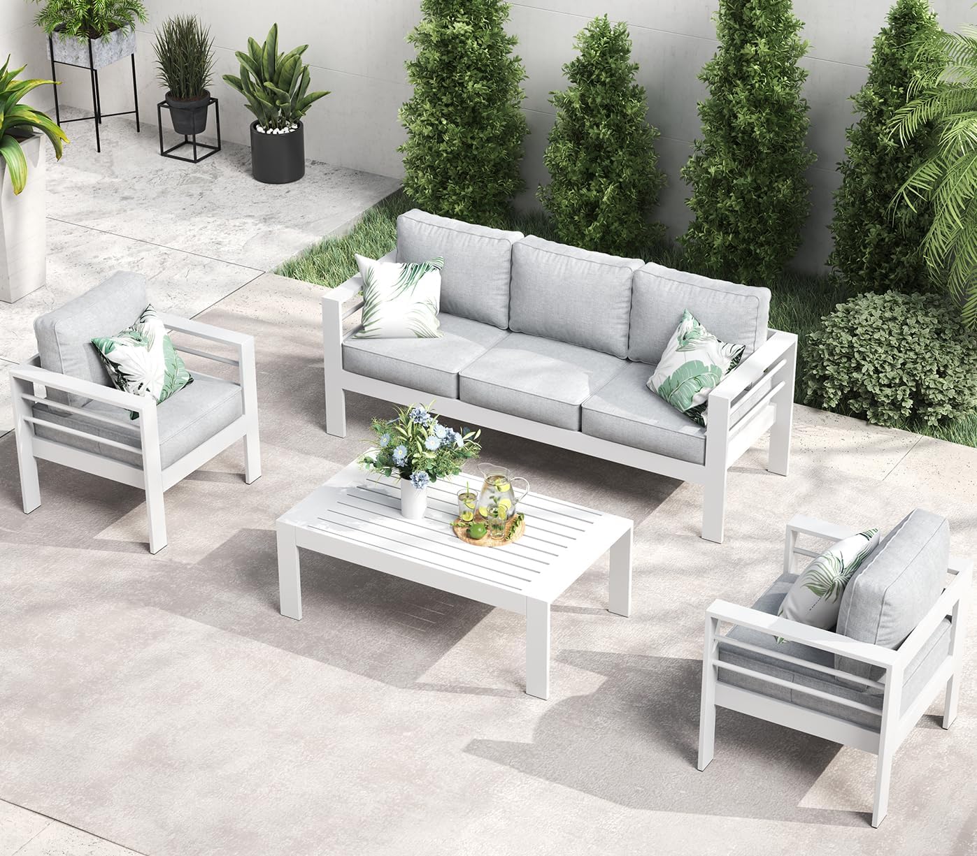 LayinSun Outdoor Aluminum Furniture Set, 5 Pieces Patio Sectional Conversation Chat Sofa Modern Seating Set with Coffee Table
