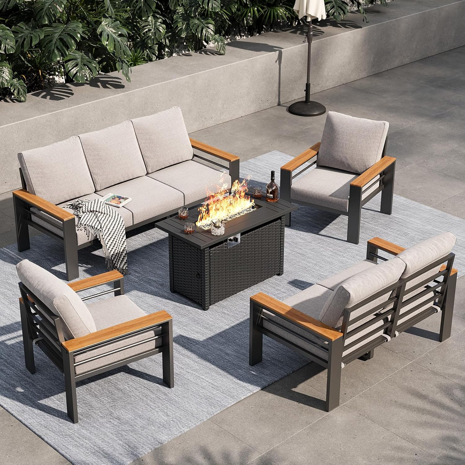 Aoxun Aluminum Outdoor Patio Furniture Set, 5 Seats Outdoor Sectional with Coffee Table, Patio Conversation Sets with Upgraded Armrests and Cushions for Backyard, Garden and Poolside
