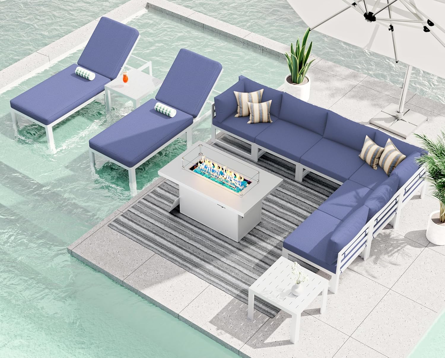 RADIATA 7 Piece Luxury Aluminum Outdoor Sectional Sofa with Fire Pit Table, Oversized L Shaped Patio Furniture Set, 29 inch Deep Wide Seating, 500 lbs Heavy Duty Comfy Conversation Set for Yard, White