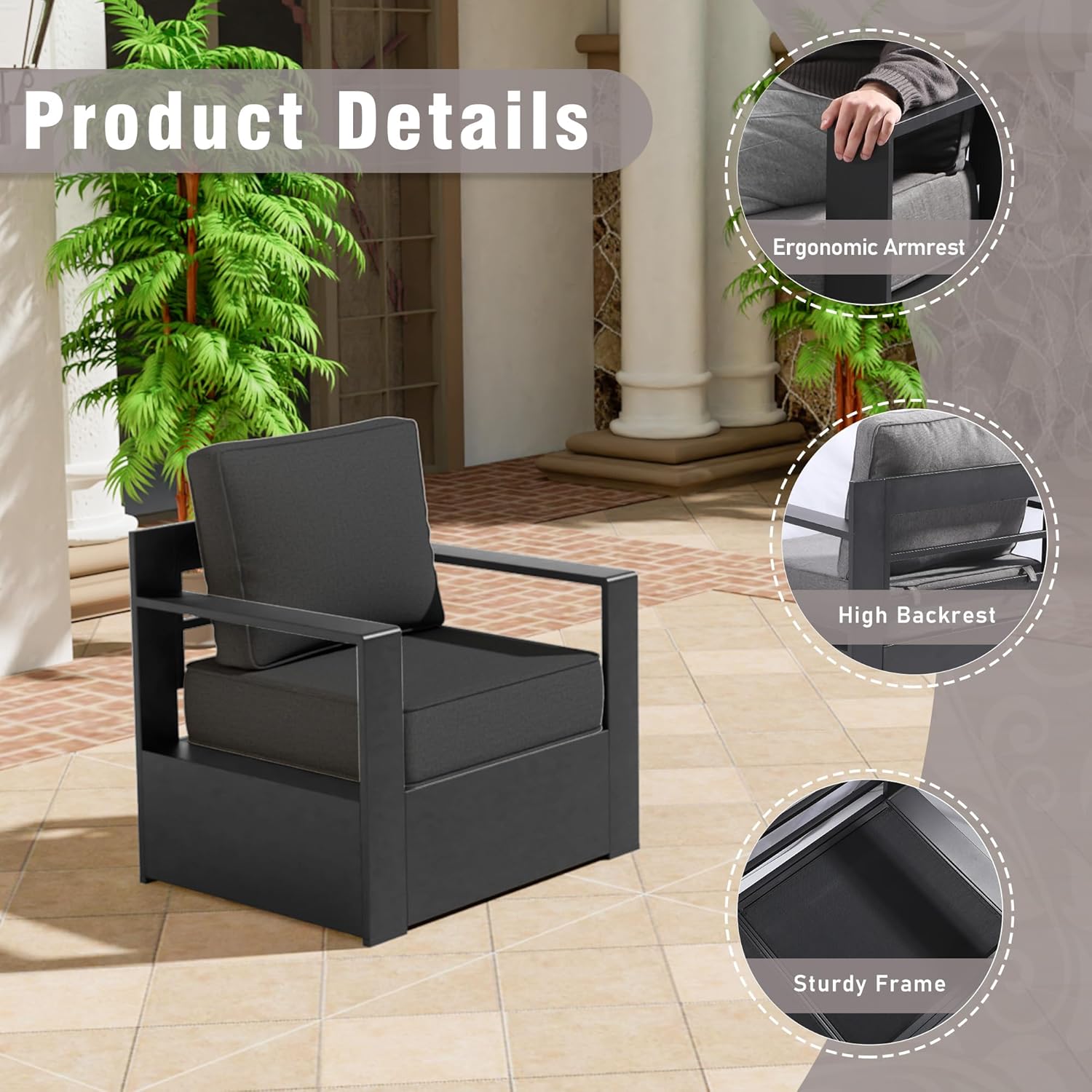 Aluminum Patio Chair - Outdoor Chair with 6" Thick Water-Resistant Cushions, All-Weather Use Frame, Removable Cover, Ideal for Garden, Poolside