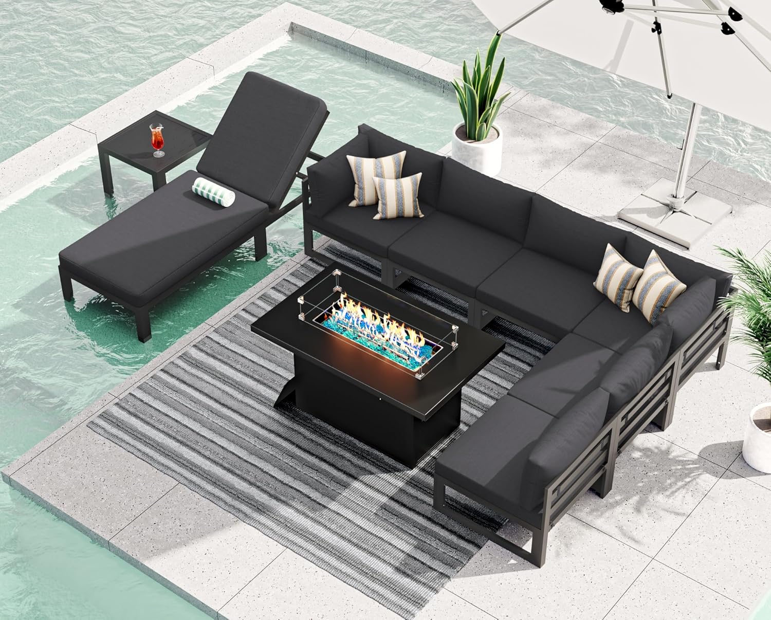 RADIATA 7 Piece Luxury Aluminum Outdoor Sectional Sofa with Fire Pit Table, Oversized L Shaped Patio Furniture Set, 29 inch Deep Wide Seating, 500 lbs Heavy Duty Comfy Conversation Set for Yard, White