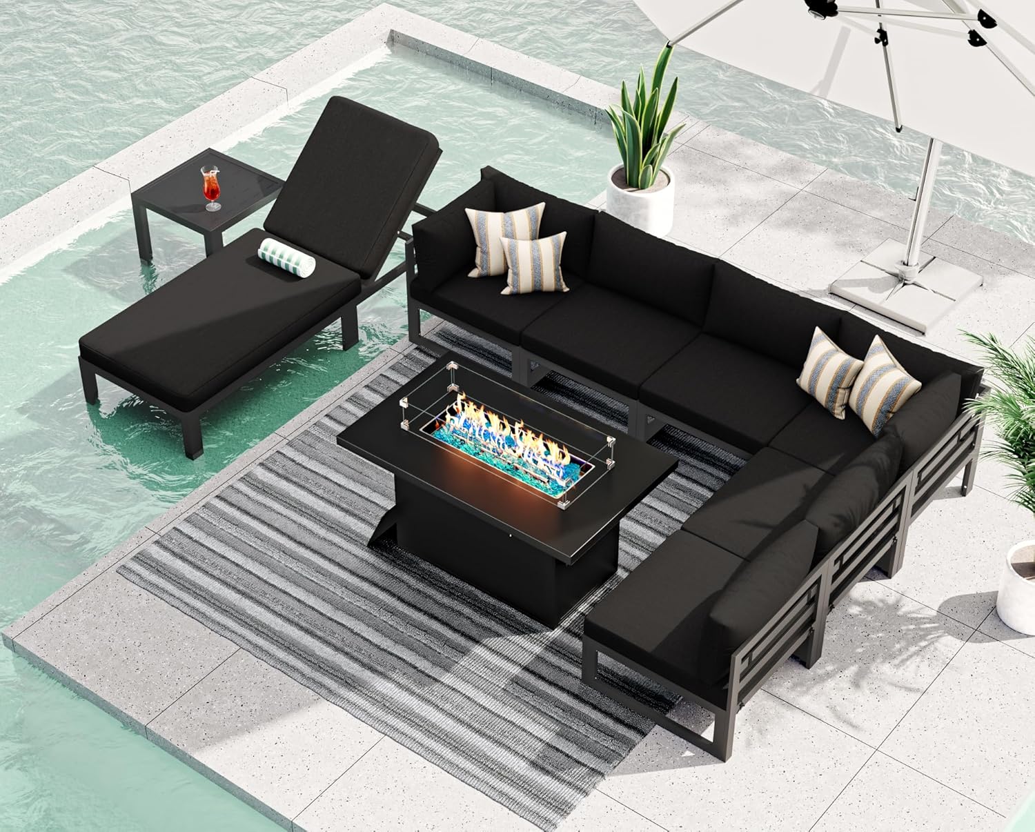 RADIATA 7 Piece Luxury Aluminum Outdoor Sectional Sofa with Fire Pit Table, Oversized L Shaped Patio Furniture Set, 29 inch Deep Wide Seating, 500 lbs Heavy Duty Comfy Conversation Set for Yard, White