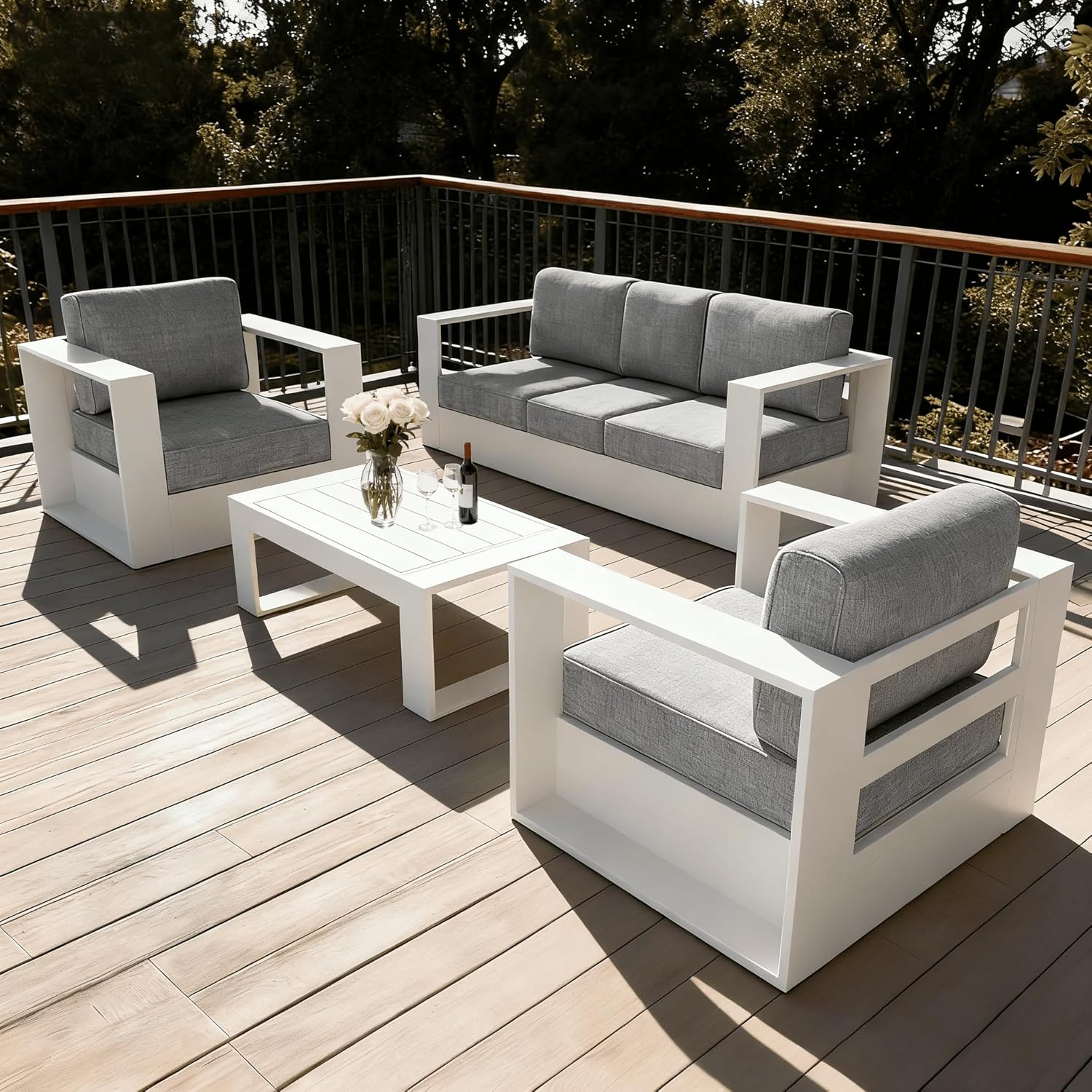 LayinSun Oversized Aluminum Outdoor Furniture Set, 5 Piece Patio Sofa Sets with Coffee Table, Deep Seating and Upgraded 6-inch Cushions for Porch, Balcony, Deck