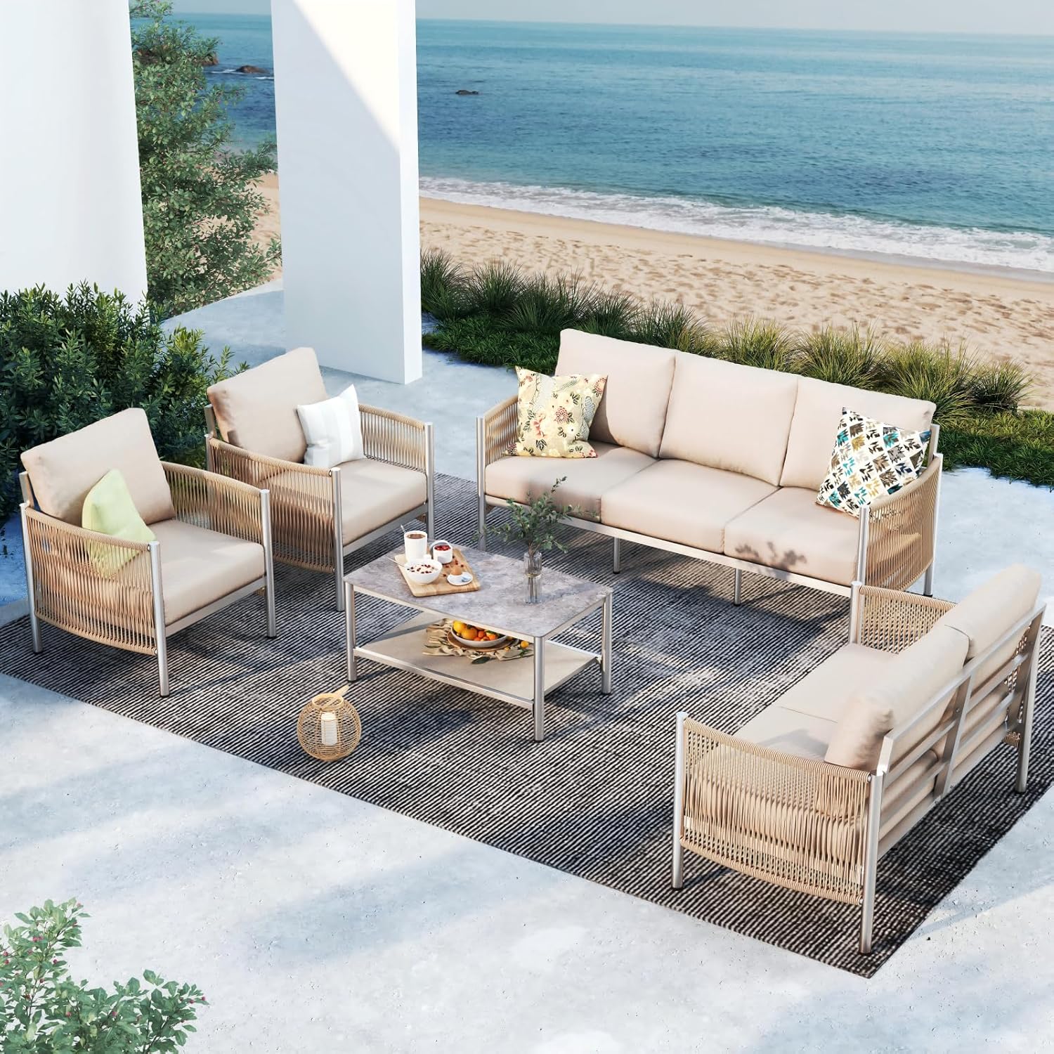 Aluminum Outdoor Patio Furniture Set, HDPE Rope 5 Piece Modern Sectional Conversation Sets with Dual-Layer Coffee Table, All Weather Patio Couch Sofa with Thick Cushions, Silver Frame, Beige