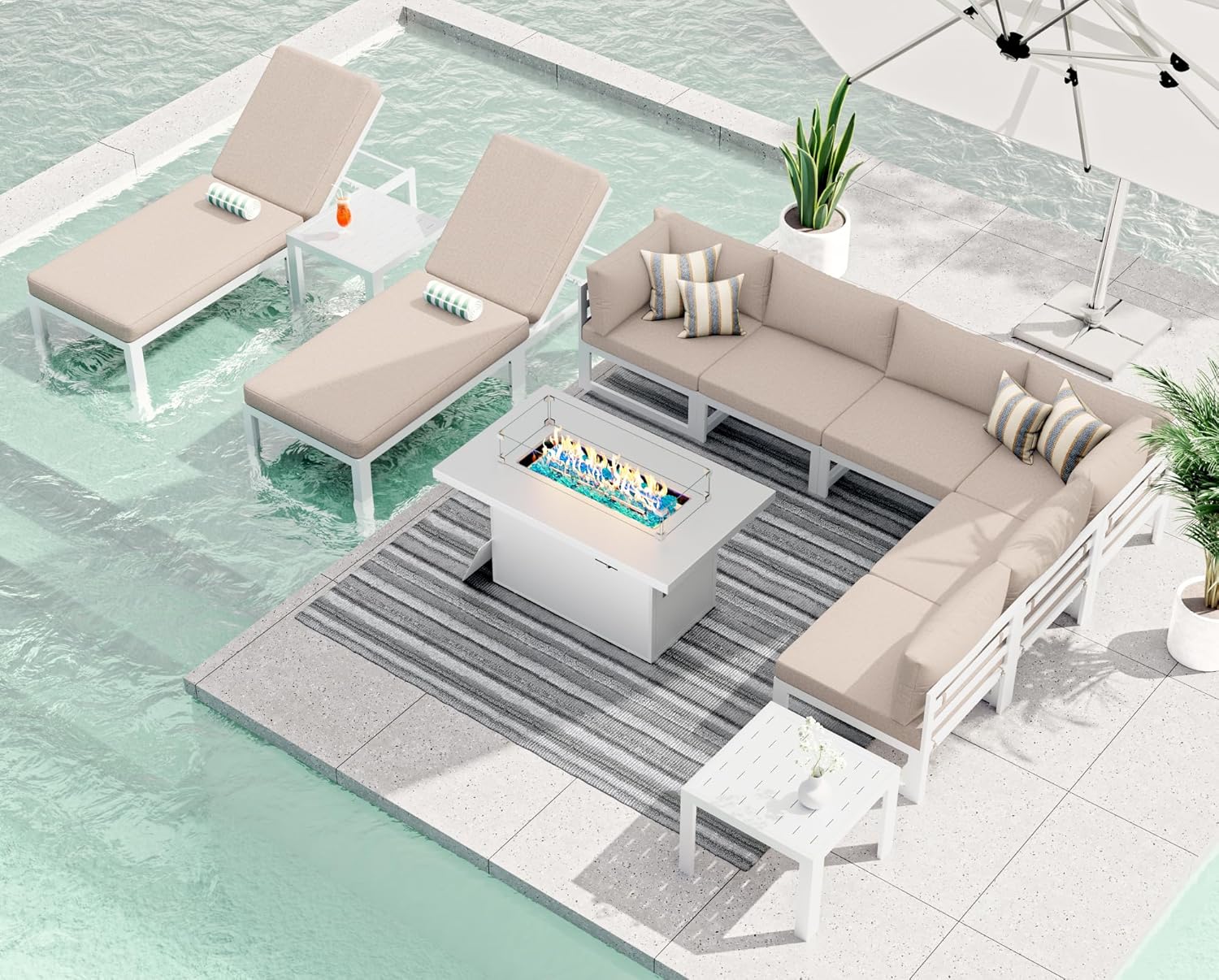 RADIATA 7 Piece Luxury Aluminum Outdoor Sectional Sofa with Fire Pit Table, Oversized L Shaped Patio Furniture Set, 29 inch Deep Wide Seating, 500 lbs Heavy Duty Comfy Conversation Set for Yard, White